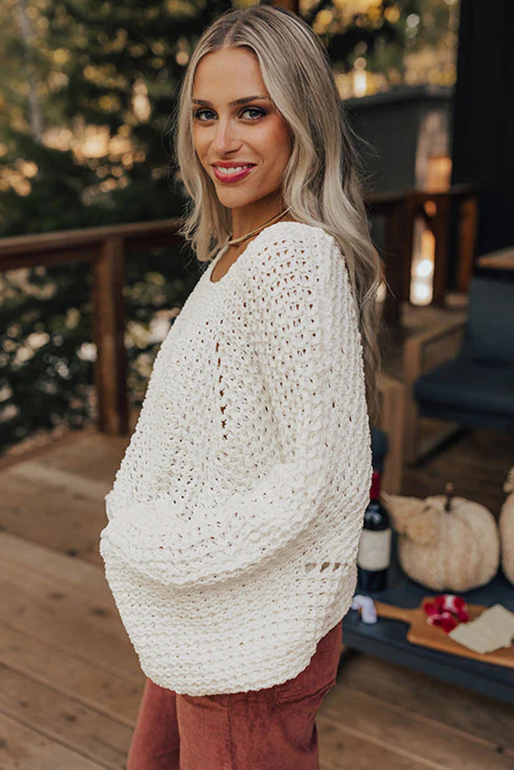 Camel Open-Knit Wide-Sleeve Sweater