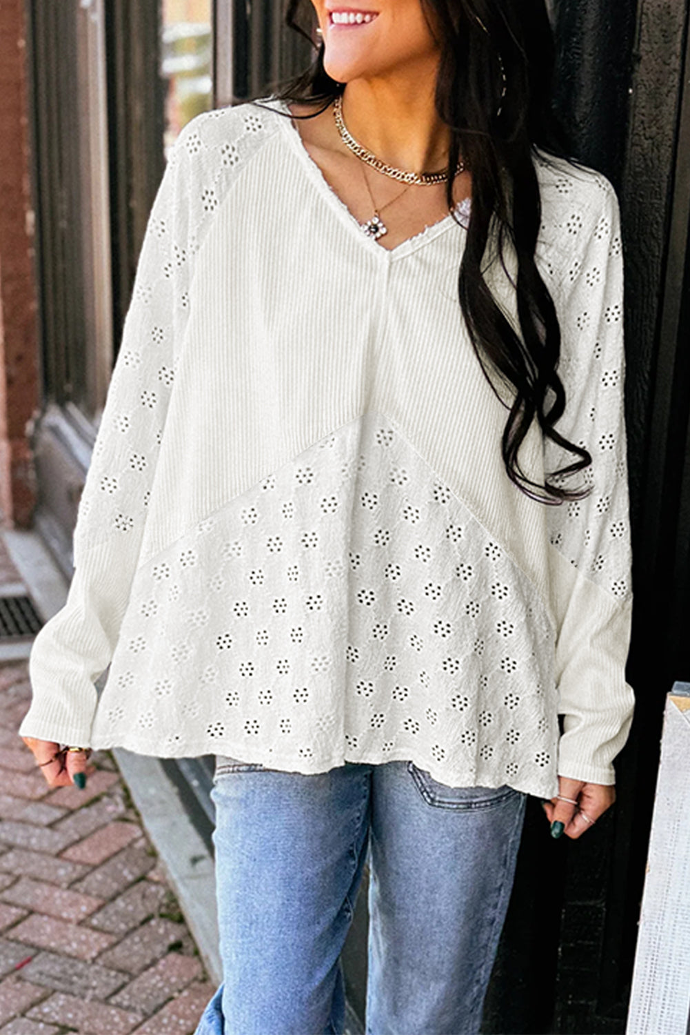 White Embroidered Patchwork V-Neck Top