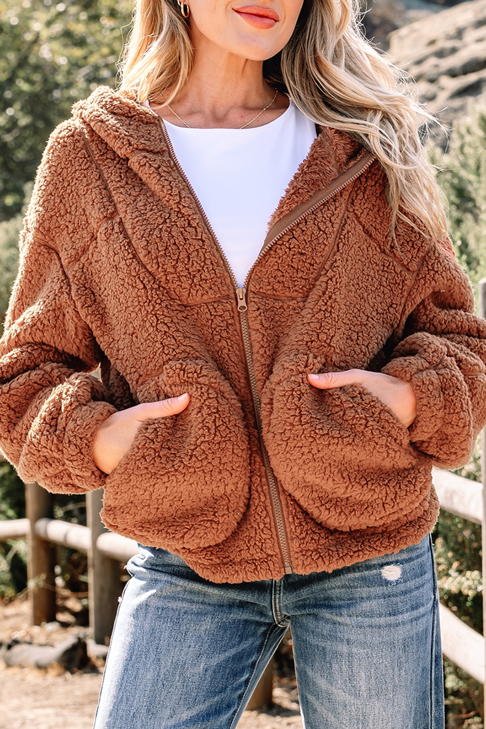Straw Yellow Sherpa Zip-Up Hooded Jacket