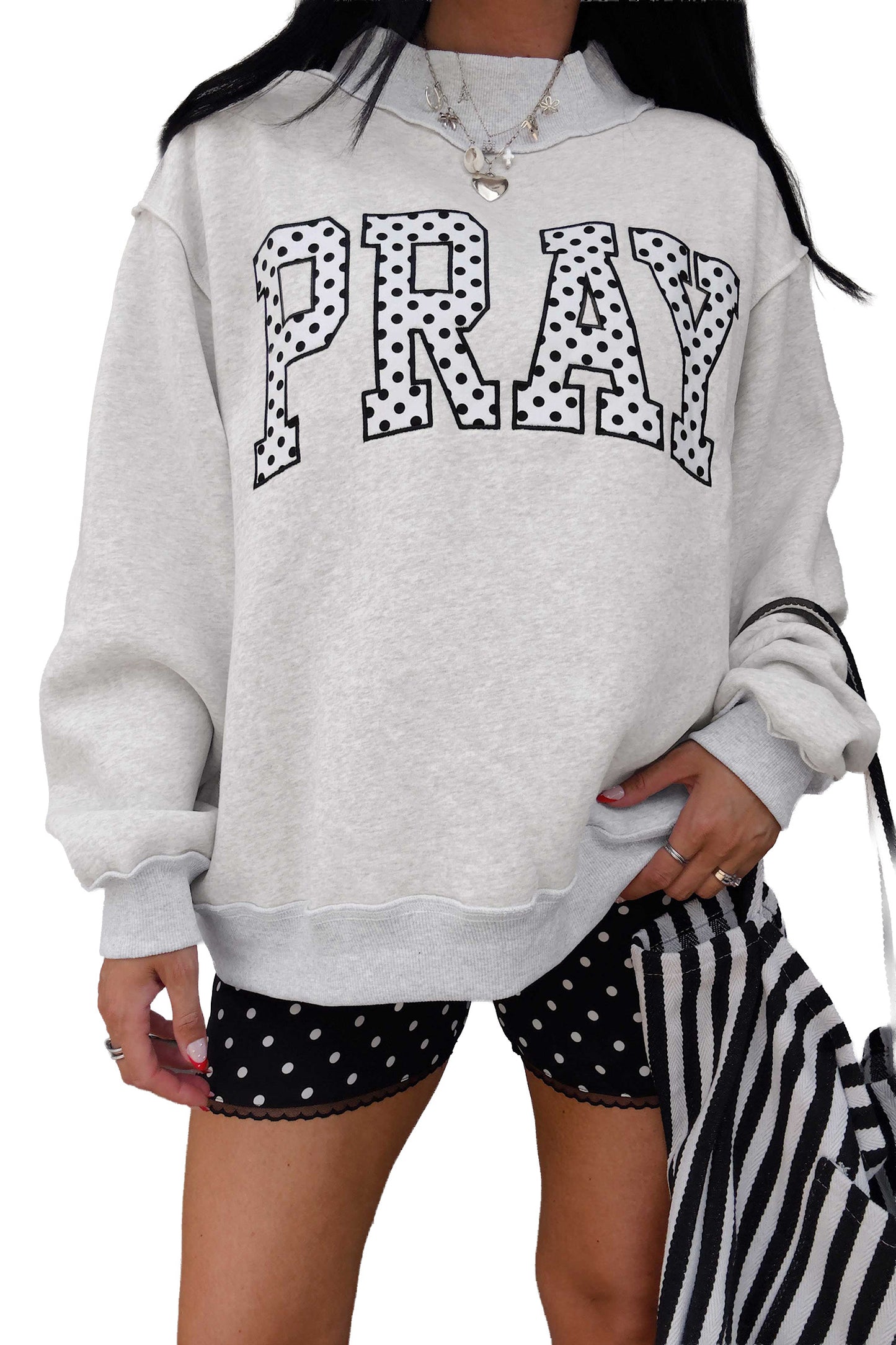 Gray PRAY Polka-Dot Mock-Neck Sweatshirt