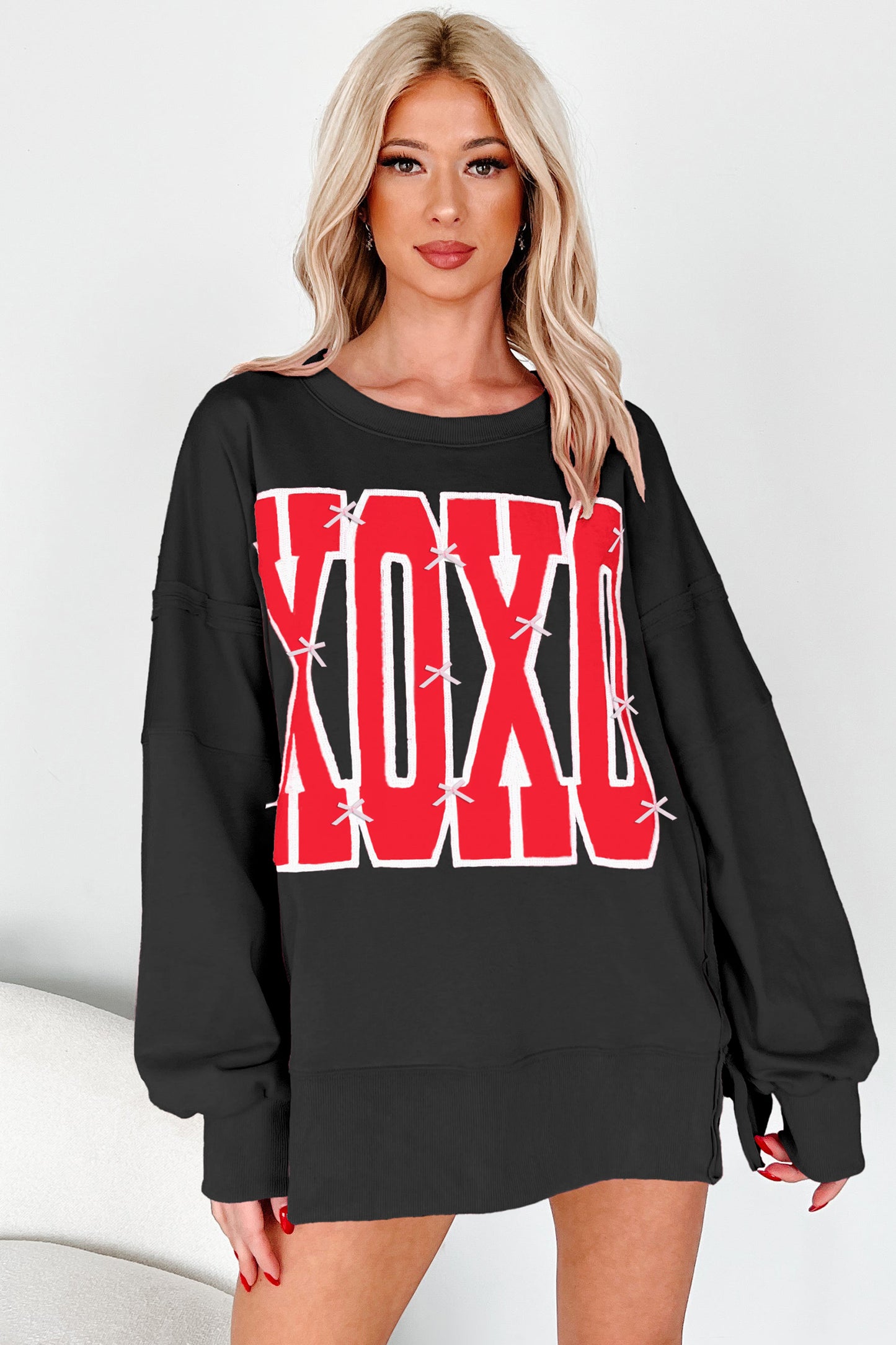 White XOXO Sequin Bow Graphic Sweatshirt