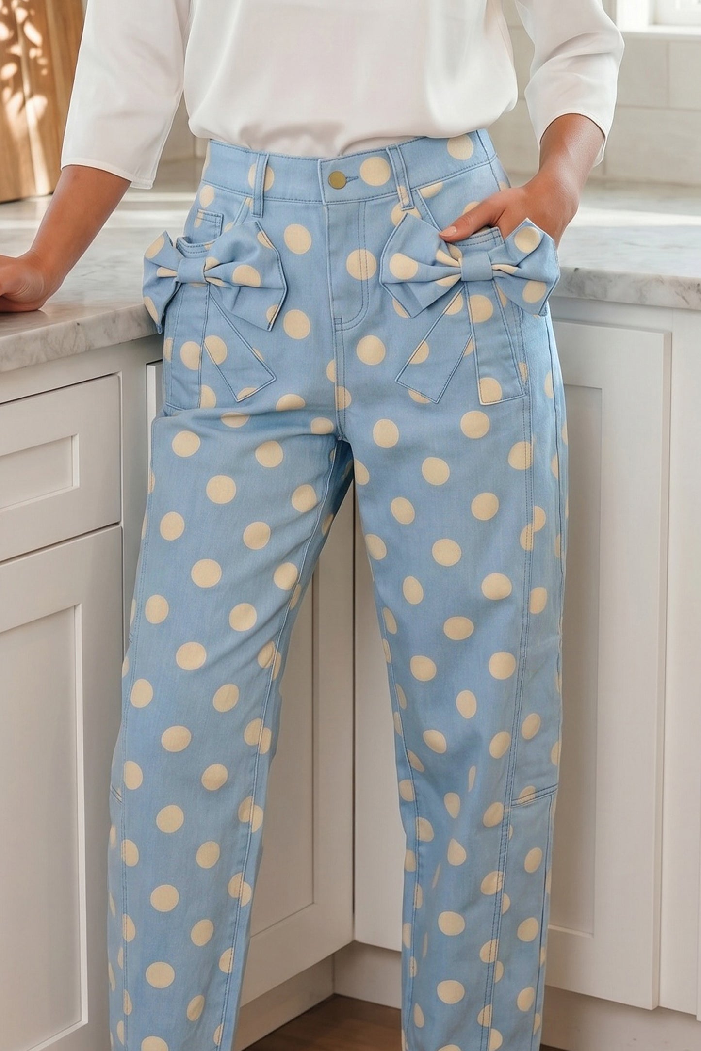 White Polka Dot Print Bow Detail Pocketed Barrel Jeans