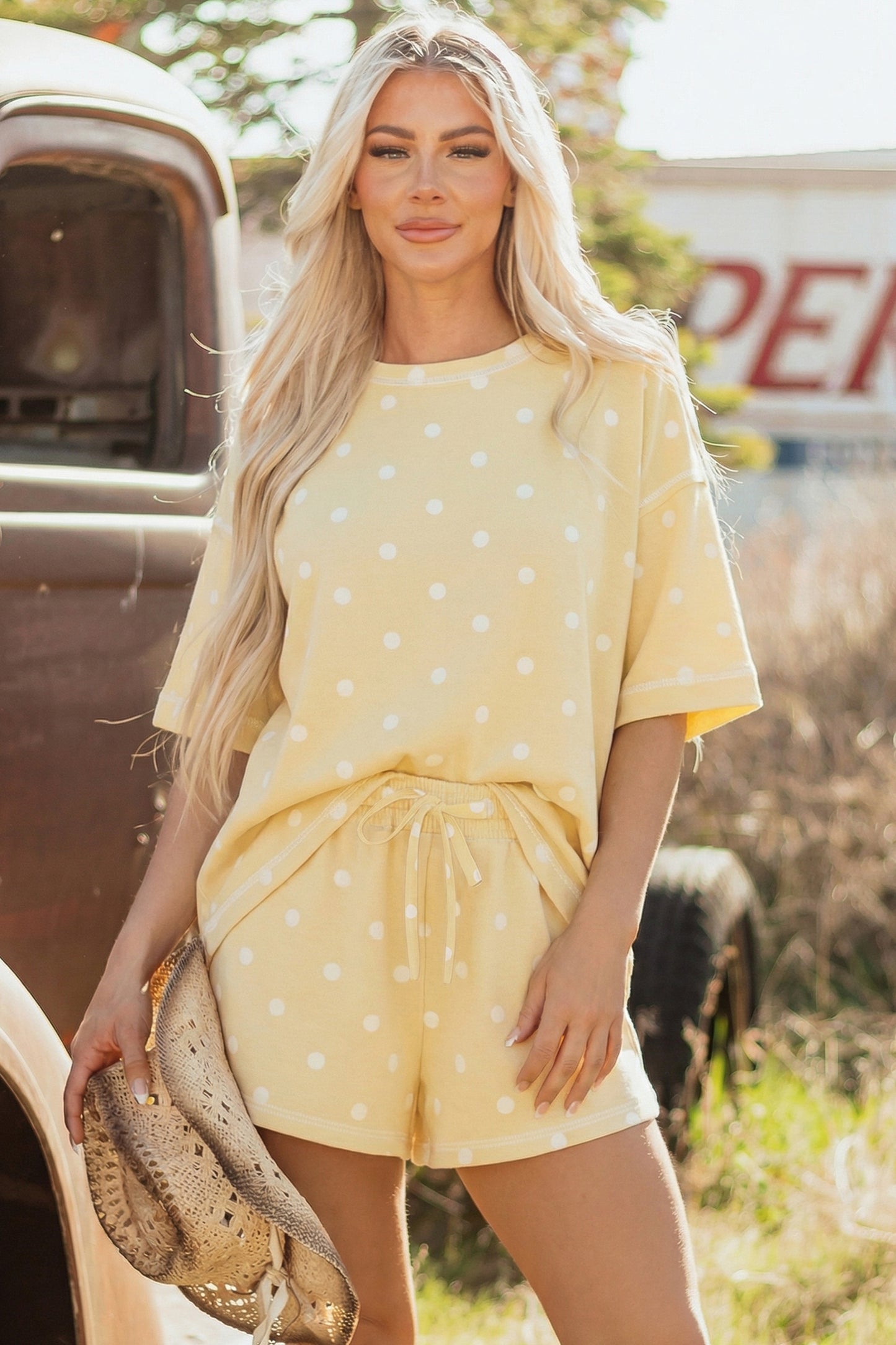 Pink Polka Dot Short Sleeve Loose Top Drawstring Shorts Set