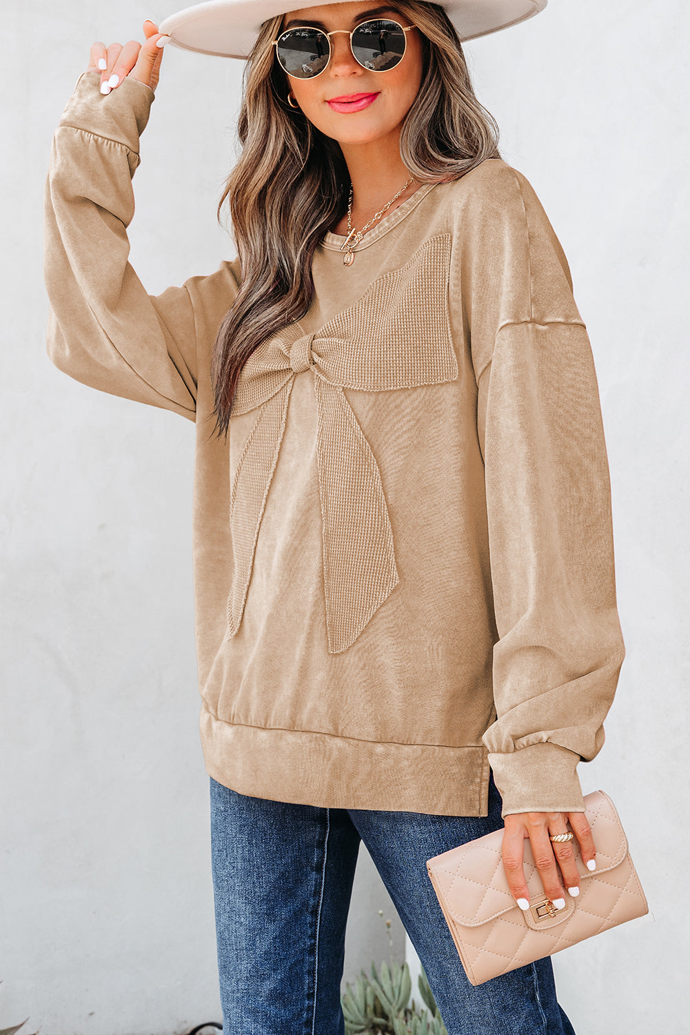 Orchid Bow-Appliqué Washed Sweatshirt