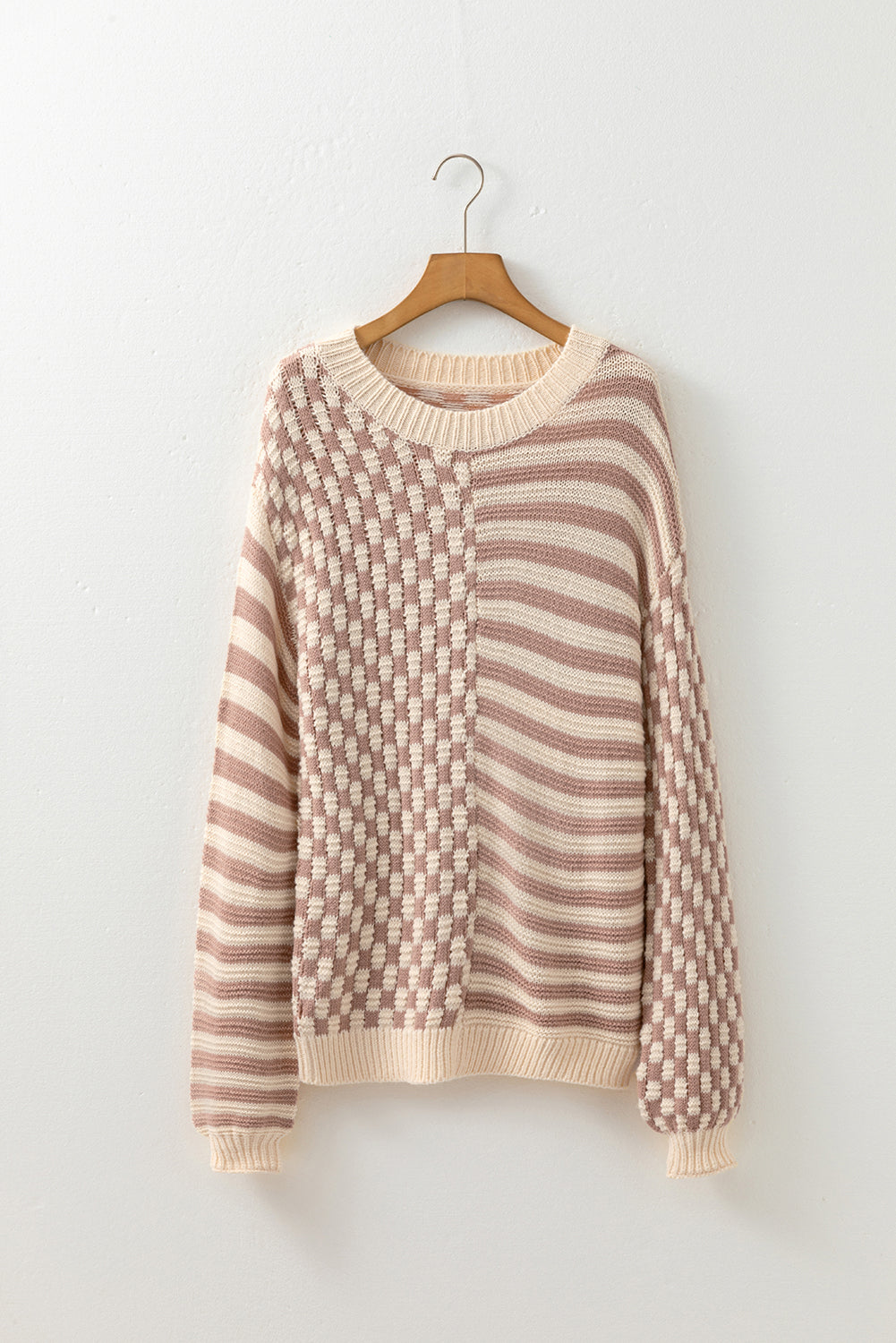 Khaki Checkerboard Striped Sweater