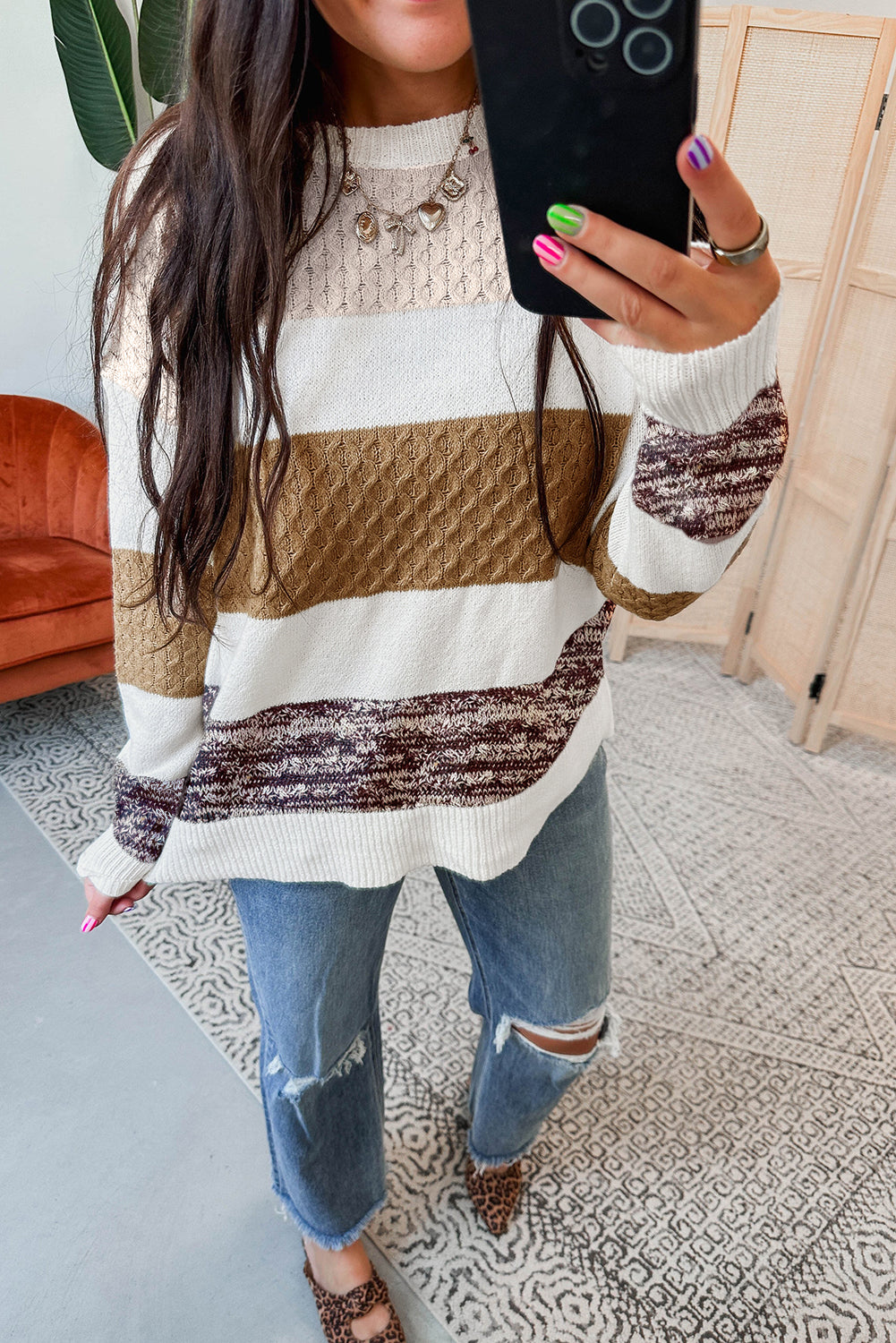 Green Mixed-Knit Color-Block Sweater