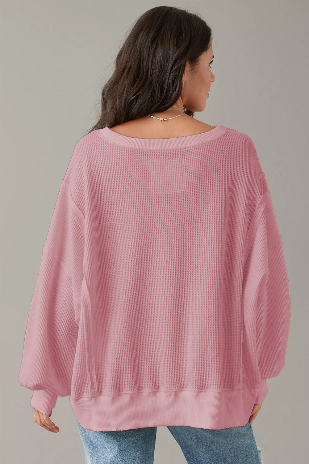 Gray Waffle-Knit Bishop-Sleeve Oversized Top