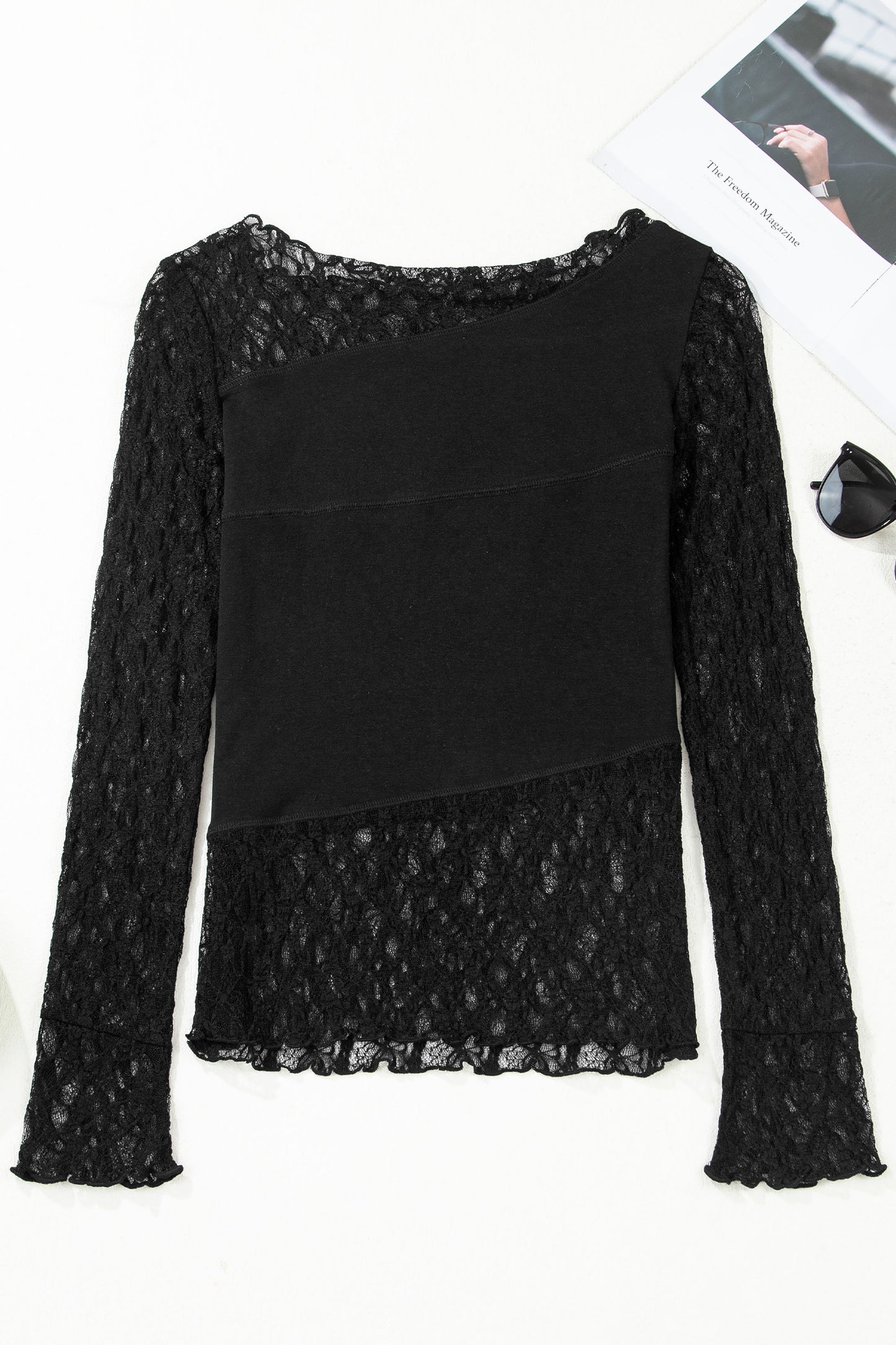 Black Asymmetric Floral Lace Long-Sleeve Top