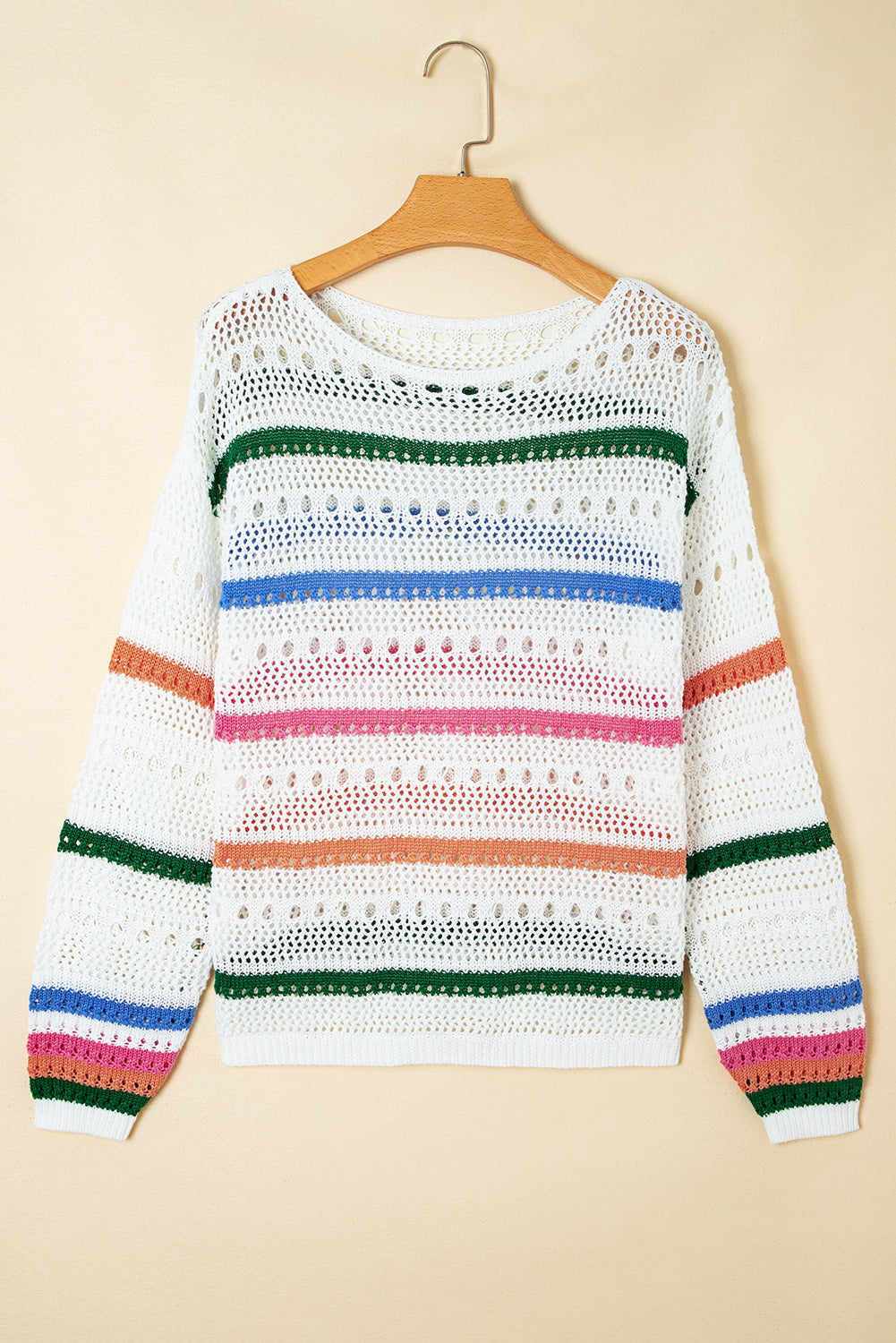 White Multicolor Striped Pointelle Sweater
