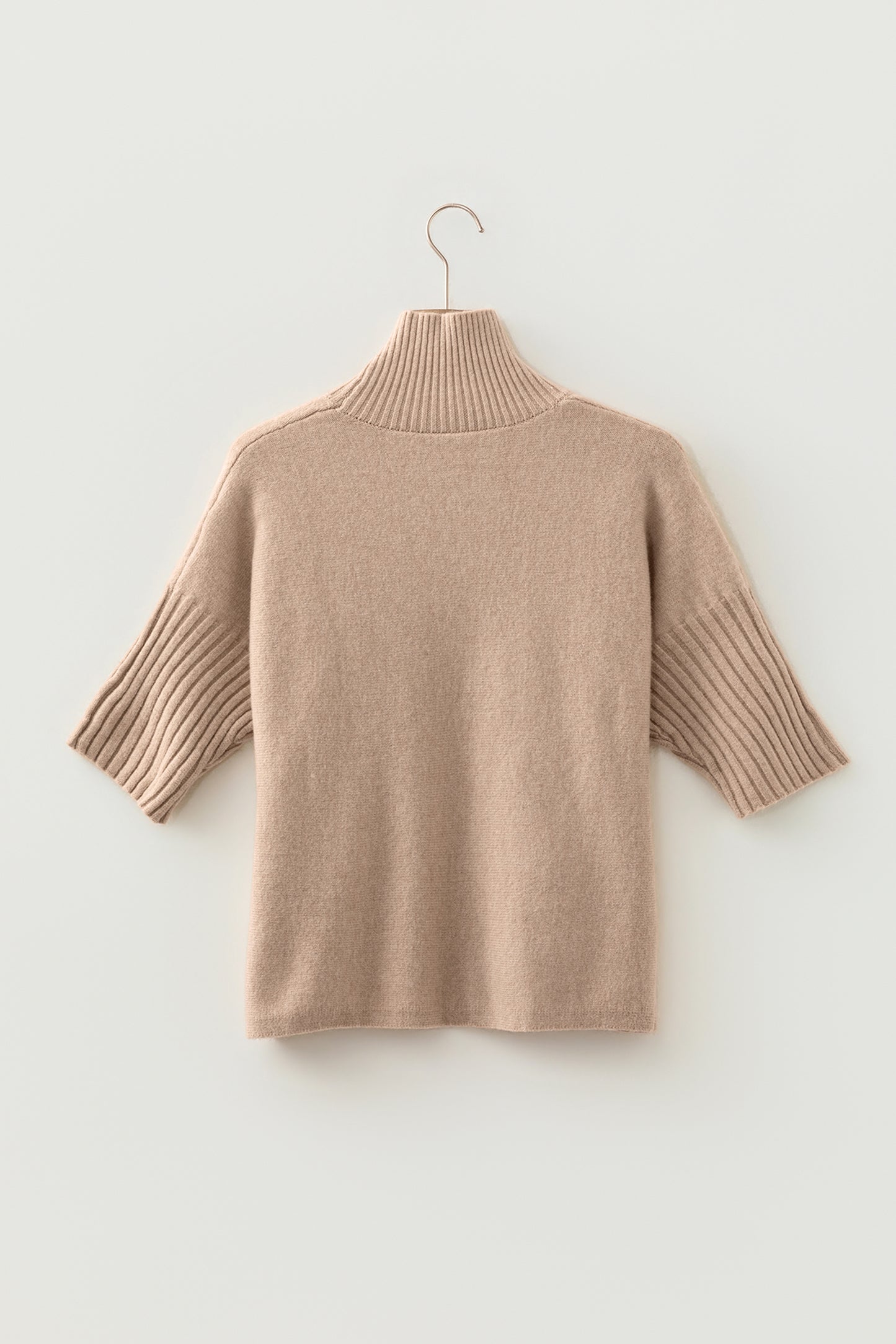 Beige Ribbed Trim High Neck Short-Sleeve Casual Sweater