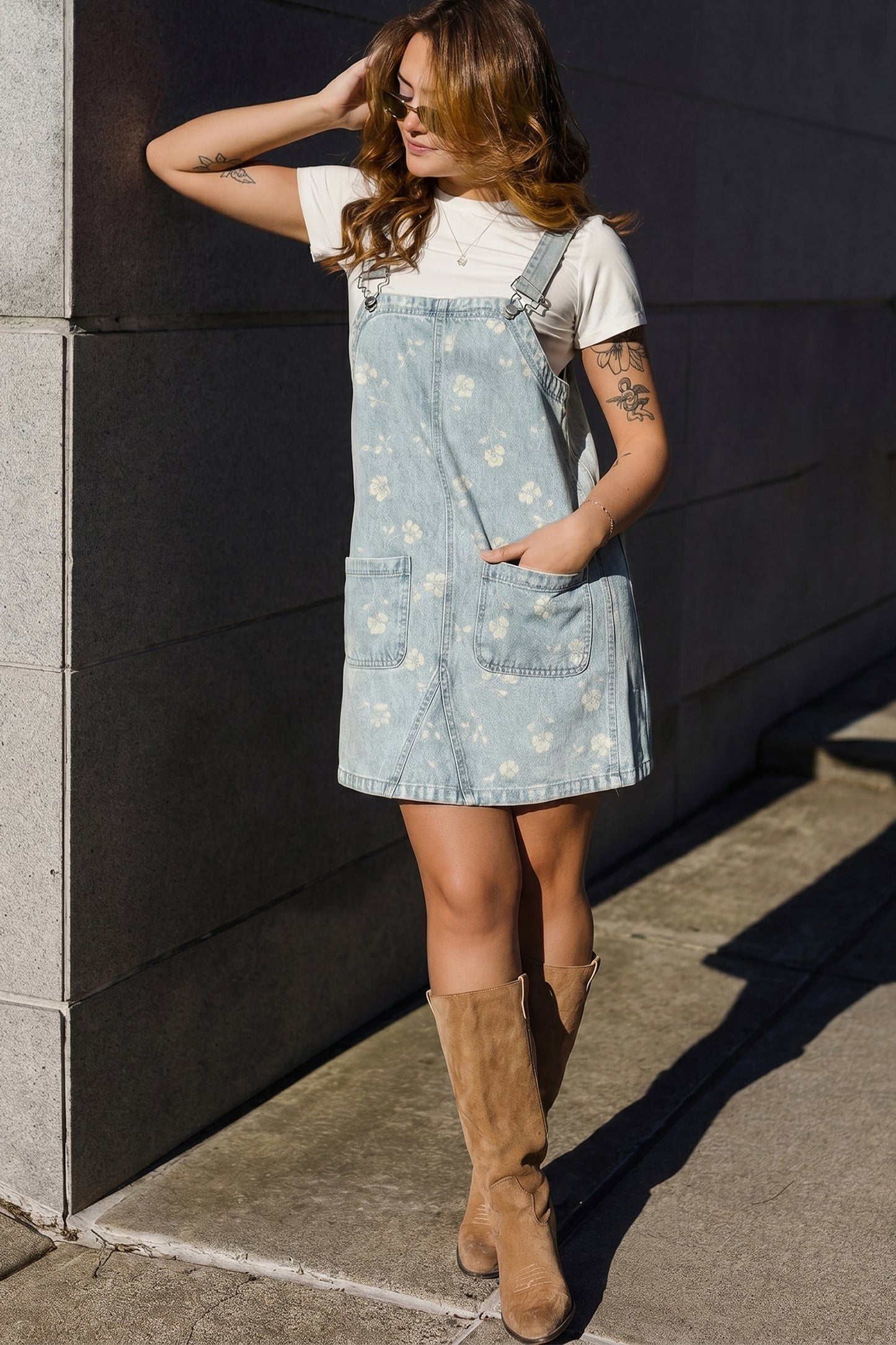 Sky Blue Floral Denim Overall Mini Dress