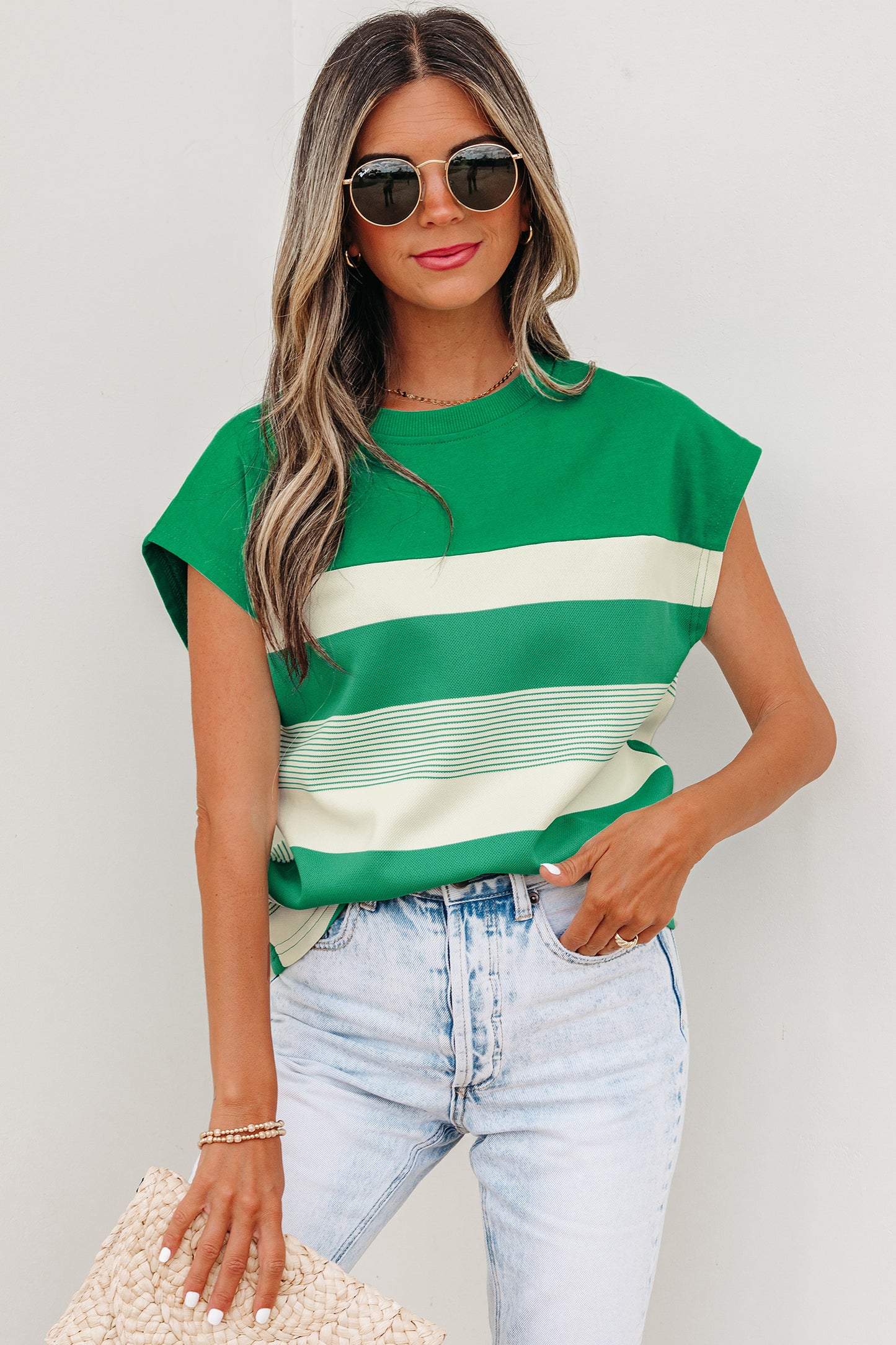 Black Mixed-Stripe Cap-Sleeve T-Shirt