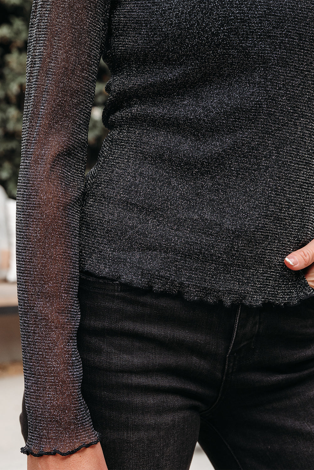 Black Glitter Mesh Long-Sleeve Top