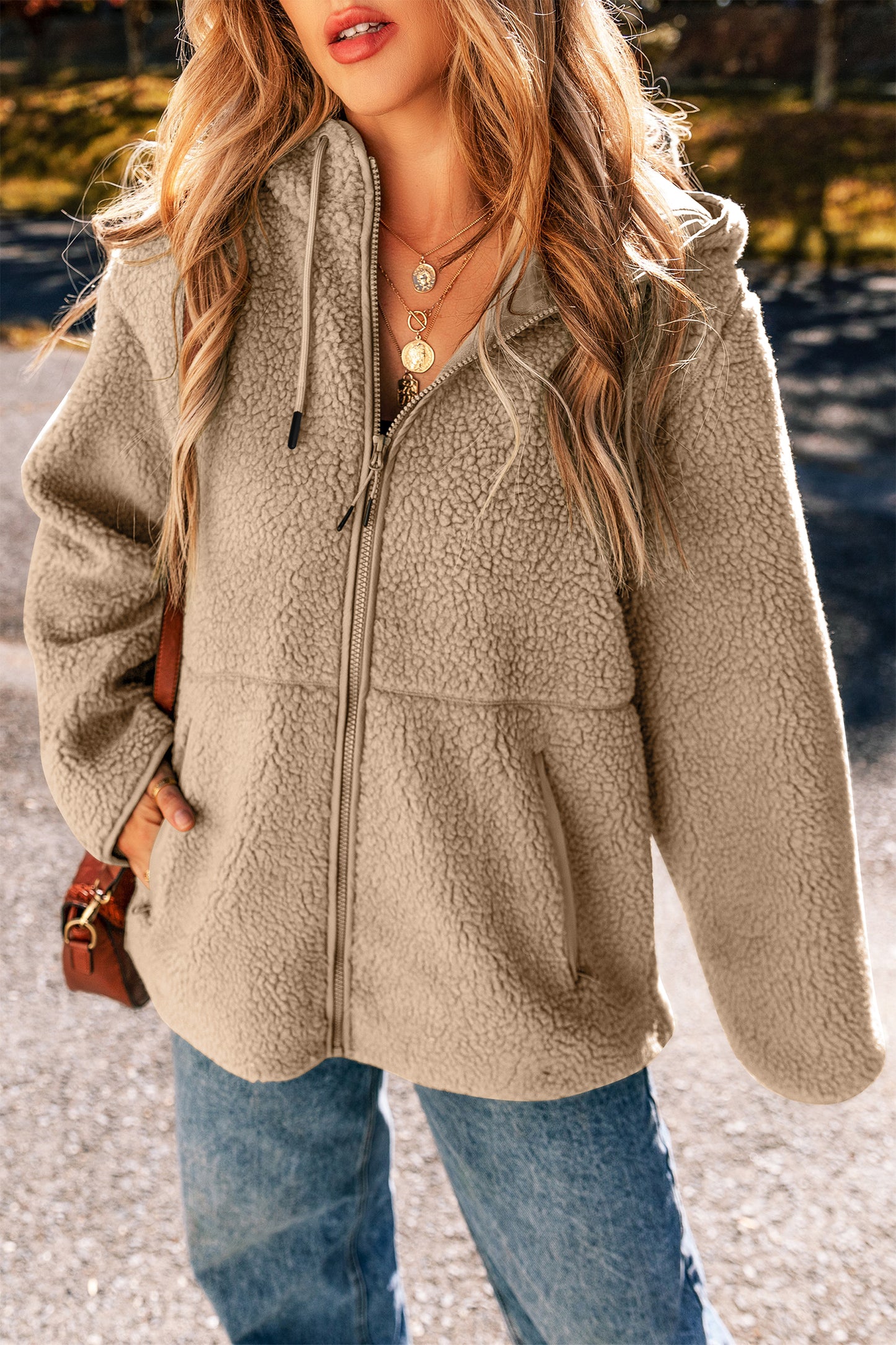 Beige Fleece Zip-Up Hooded Jacket