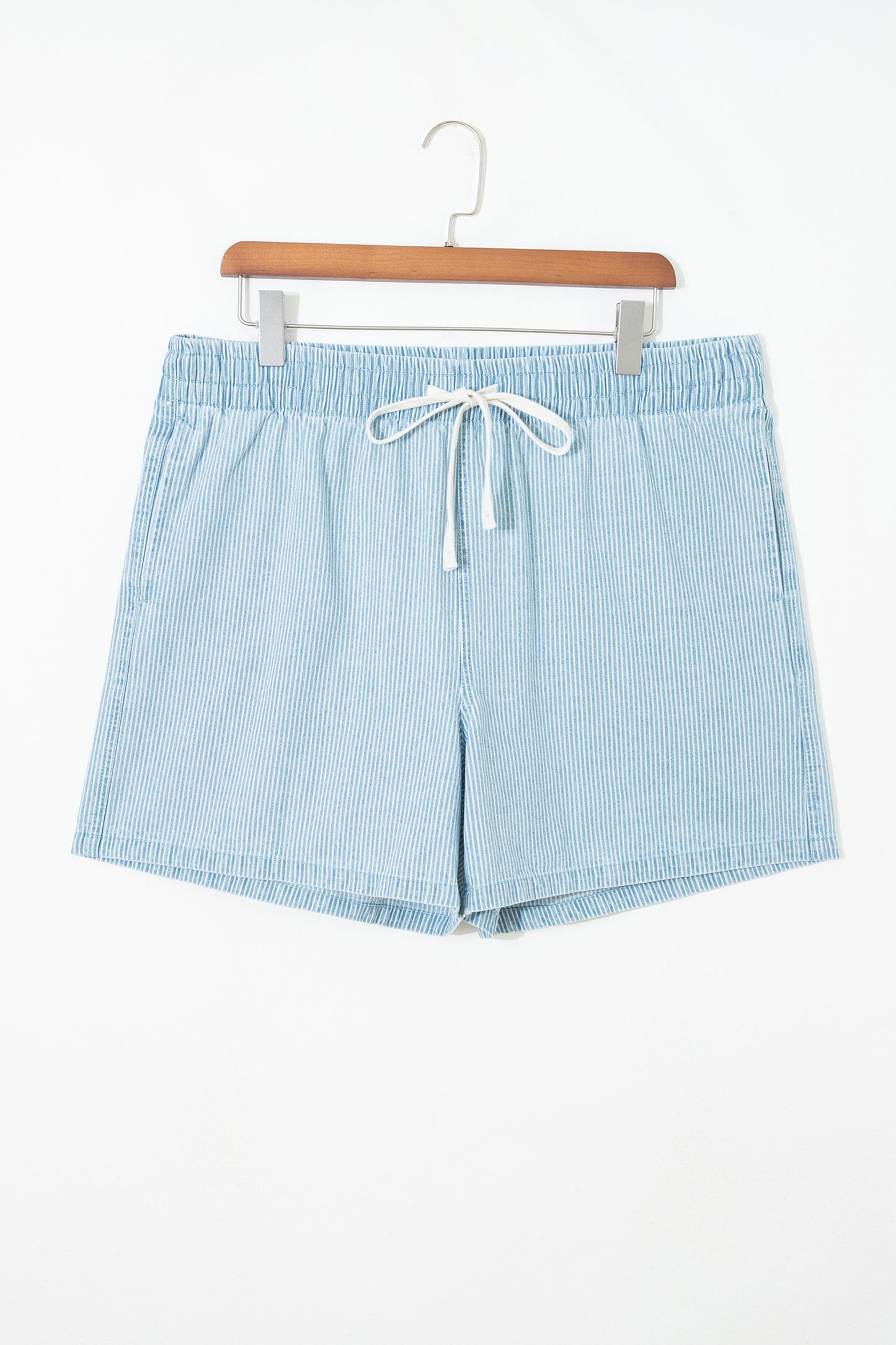 Blue Stripe Plus Size Contrast Drawstring Elastic Waist Denim Shorts