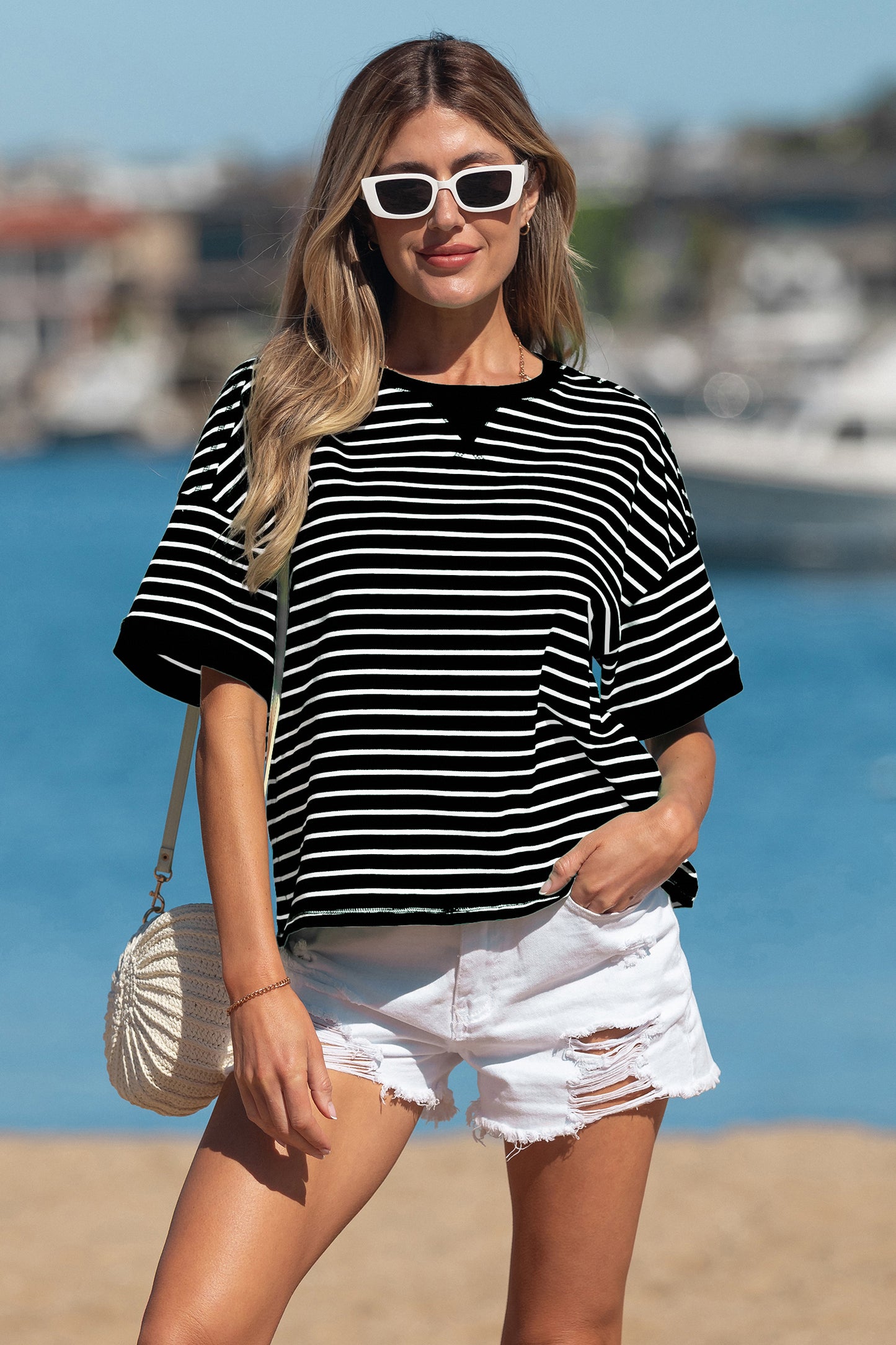 Black Striped Ribbed Half-Sleeve T-Shirt