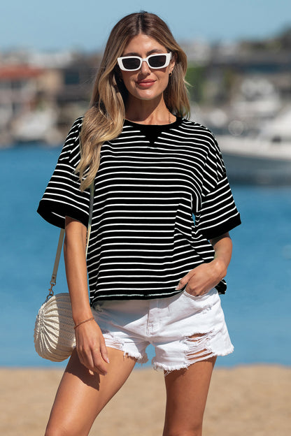 Black Striped Ribbed Half-Sleeve T-Shirt