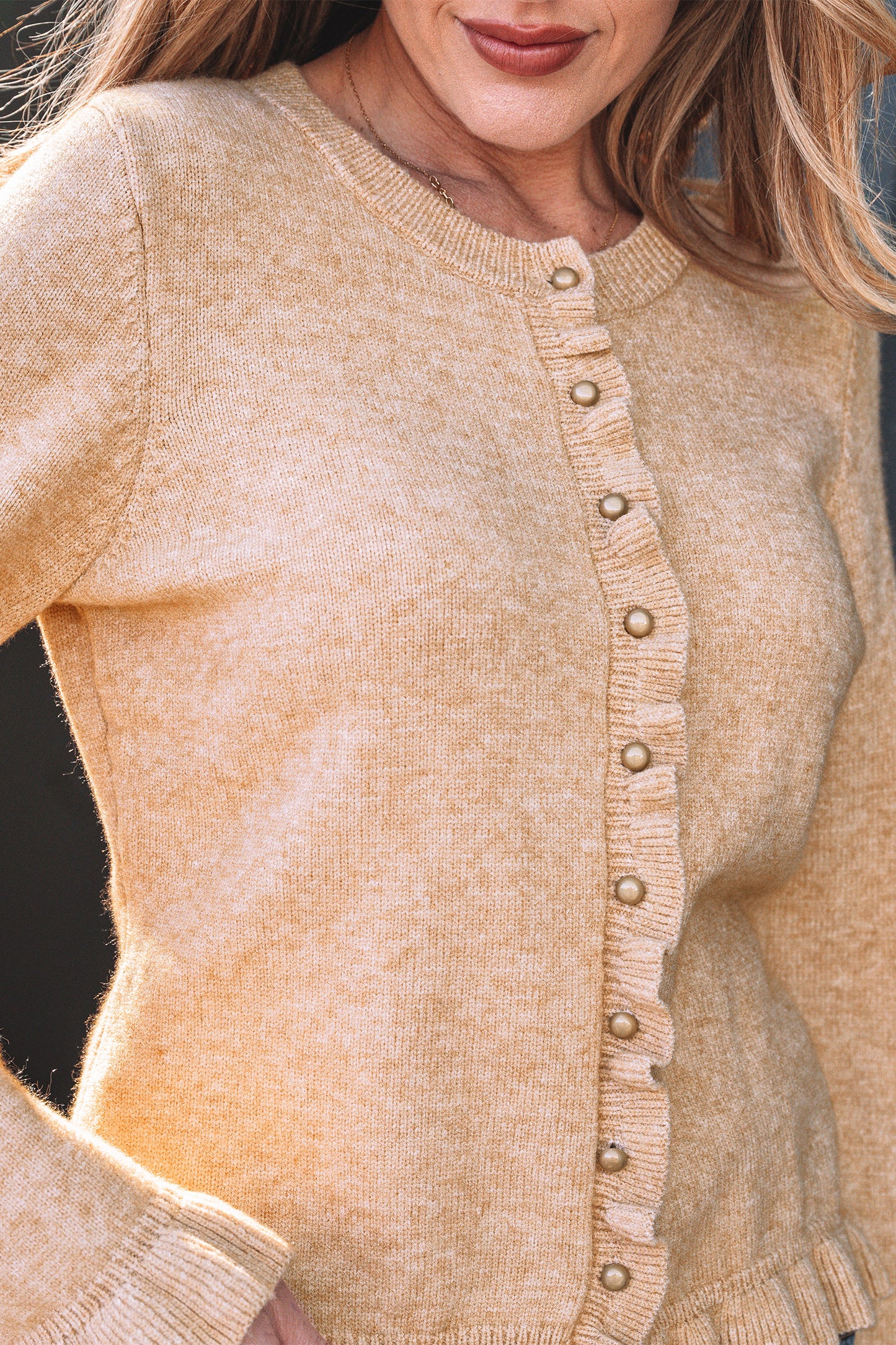 Oatmeal Ruffle-Trim Button Cardigan