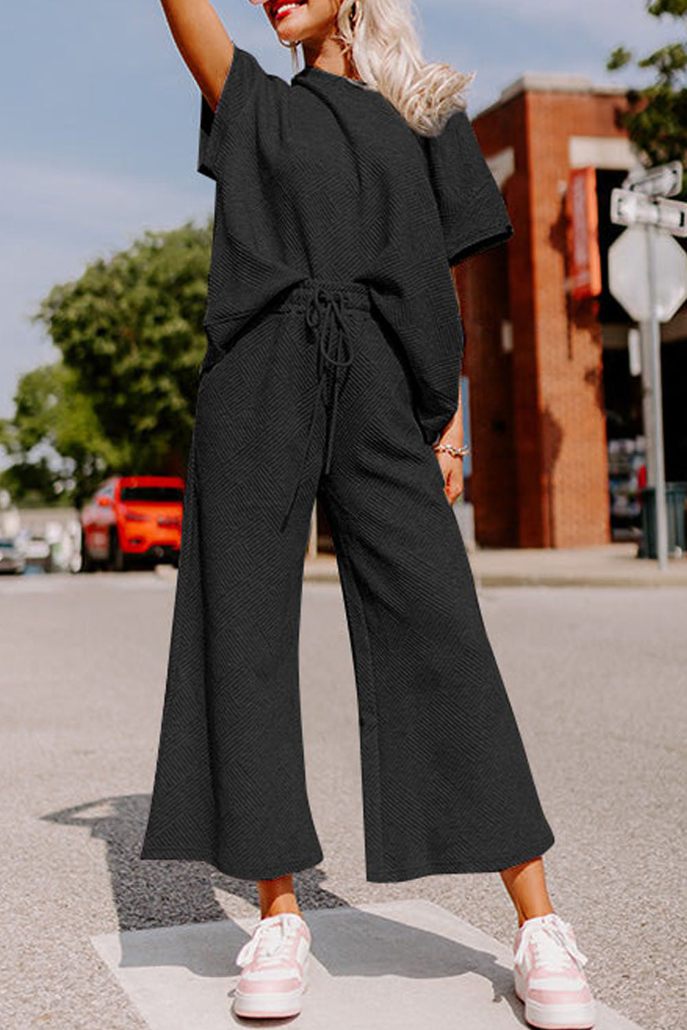 Gray Textured T-Shirt and Pants Set
