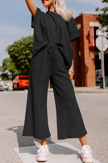 Gray Textured T-Shirt and Pants Set