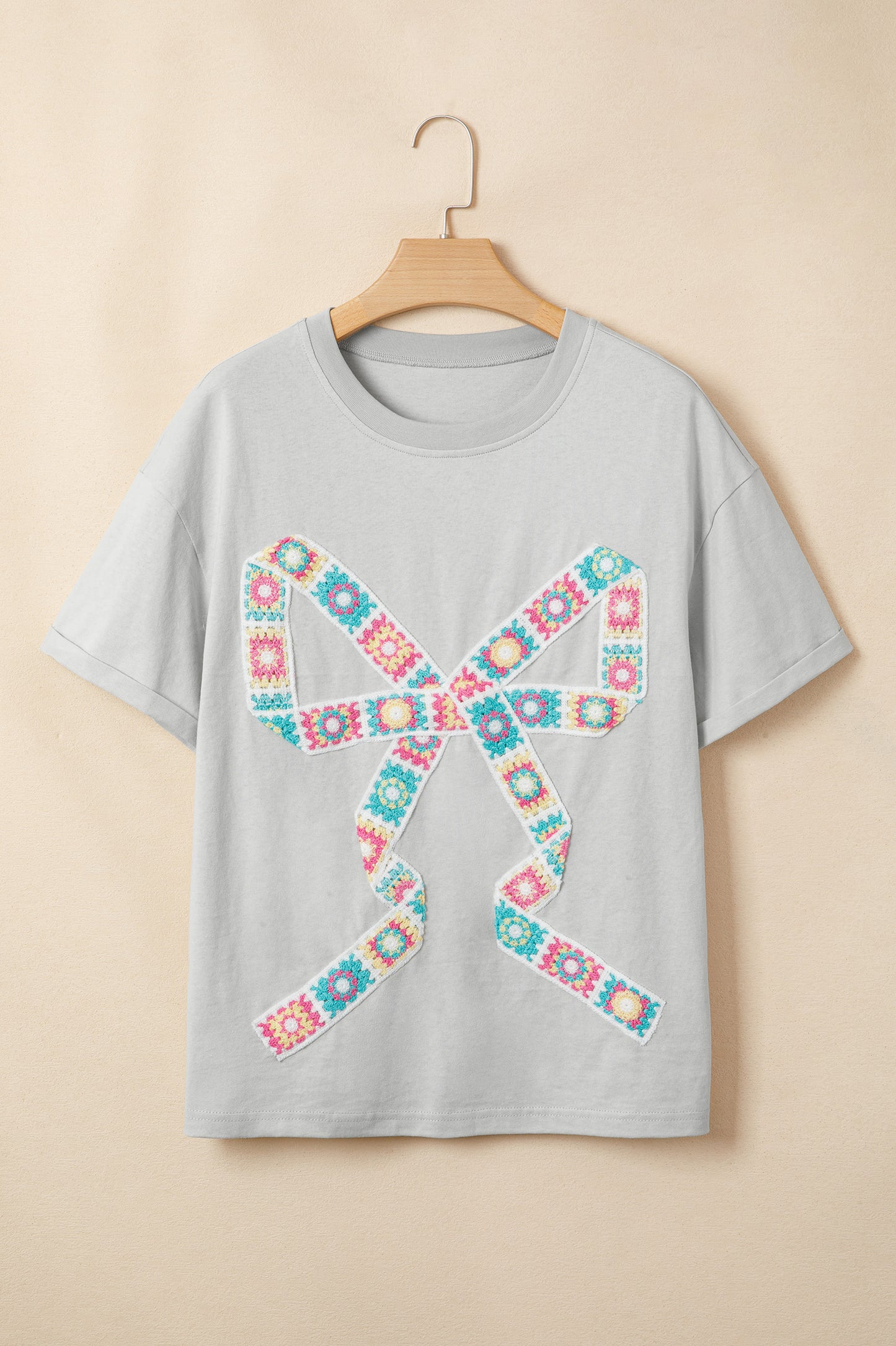 Light Gray Floral Bow-Patch T-Shirt