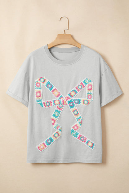 Light Gray Floral Bow-Patch T-Shirt