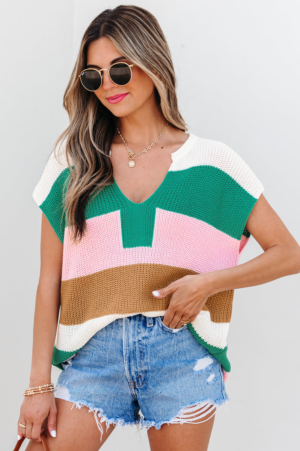 Light Blue Color-Block Notch-Neck Knit Top