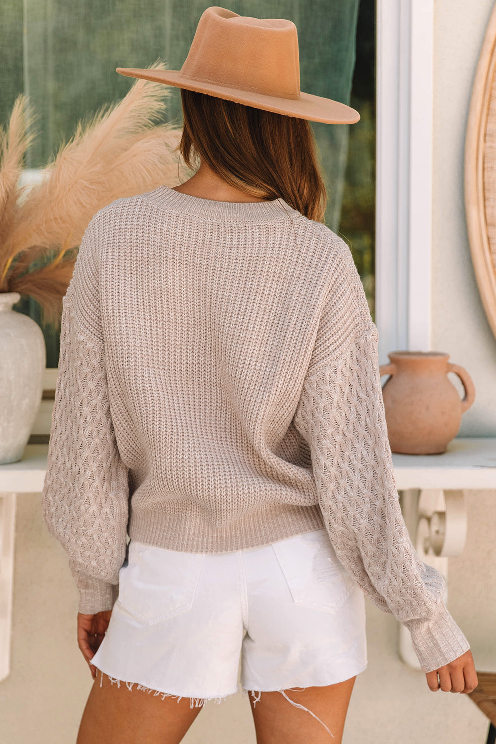 Parchment Cable-Sleeve Drop-Shoulder Sweater