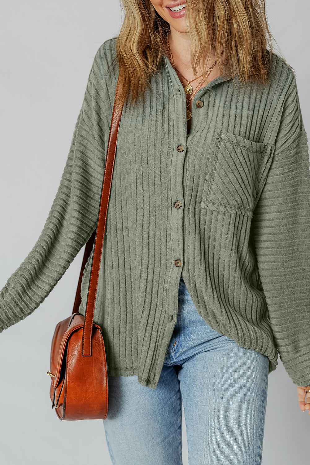 Mist Green Ribbed Button-Up Shacket