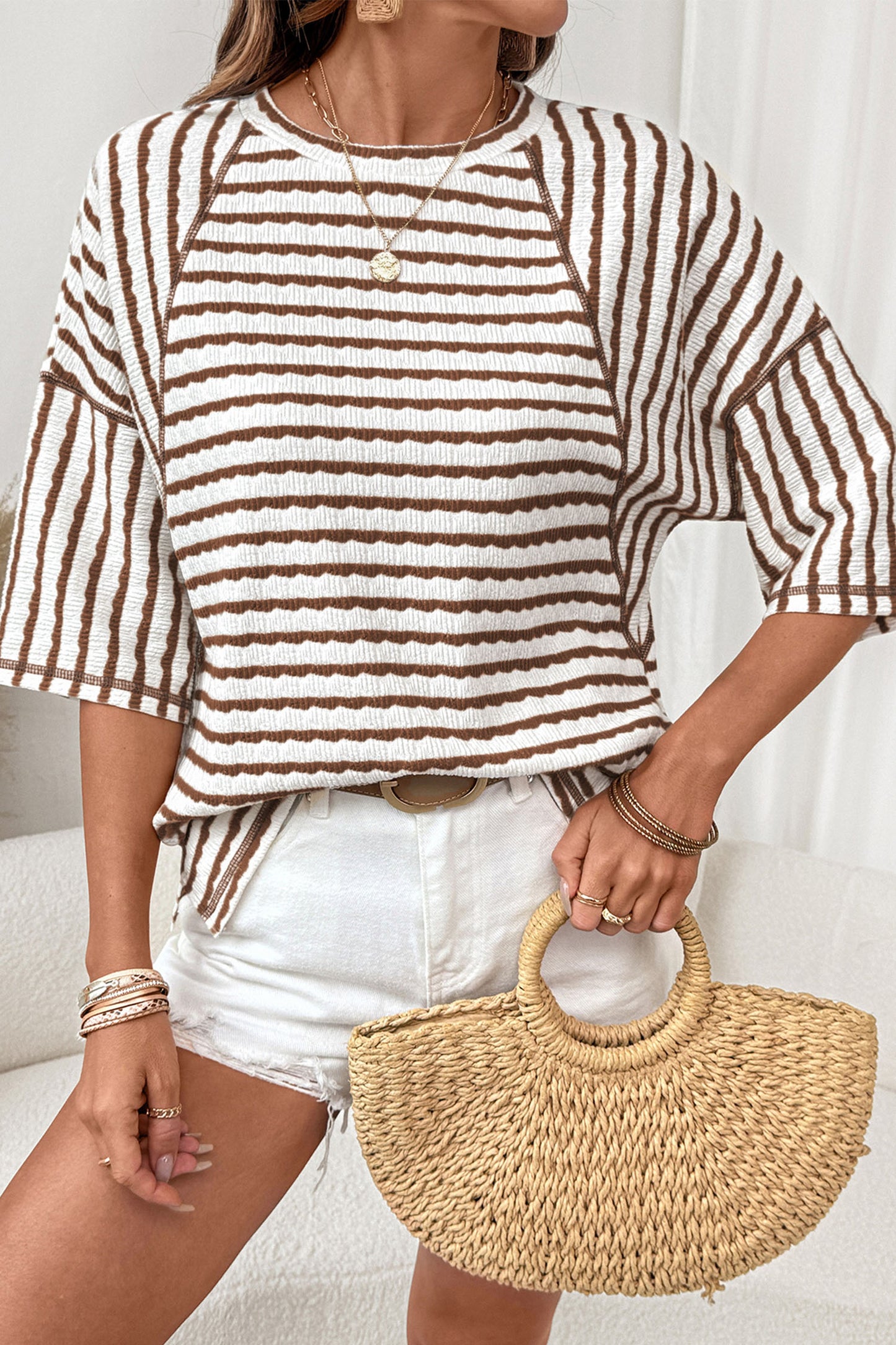 Pink Stripe Textured Knit Split Hem Half-Sleeve Loose Top