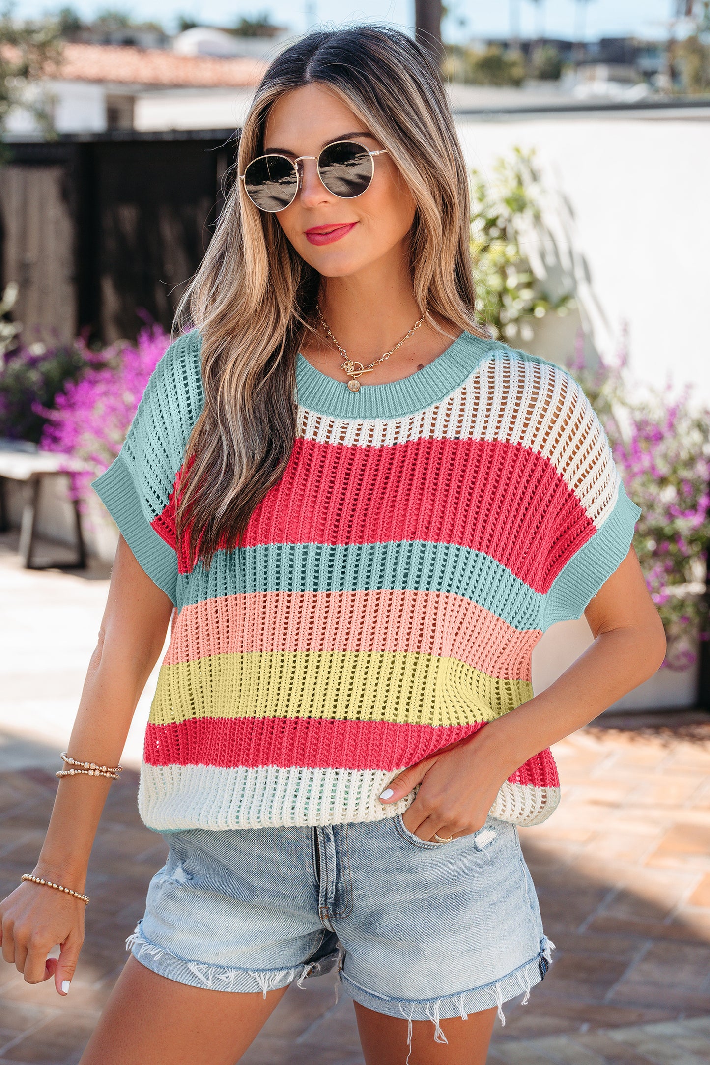 Green Stripe Color Block Hollow Out Knit Short-Sleeve Sweater
