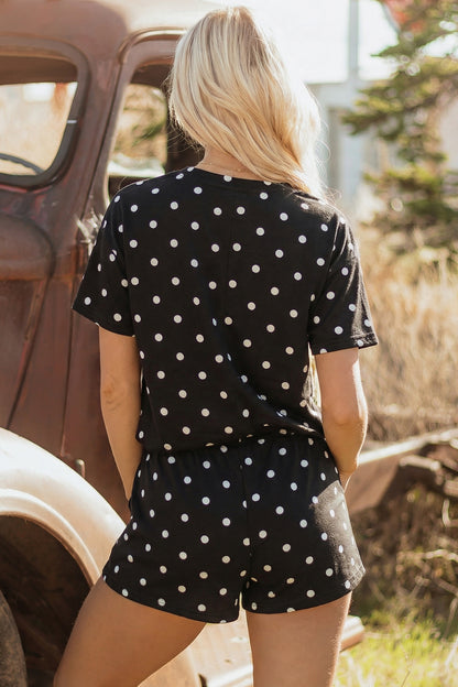 Pink Polka Dot Short-Sleeve Loose Top Drawstring Shorts Set