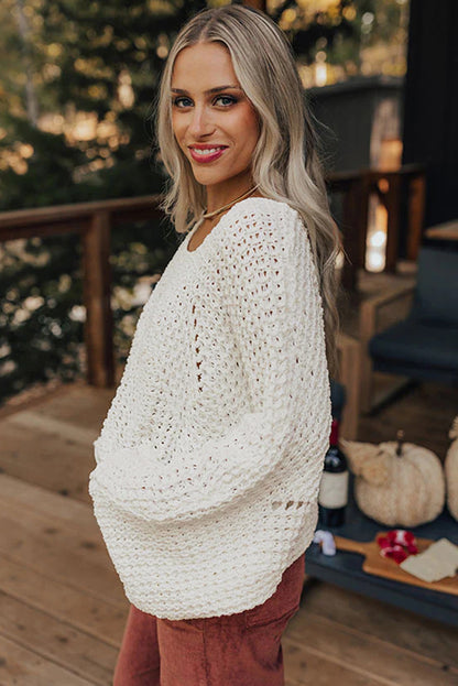 Camel Open-Knit Wide-Sleeve Sweater