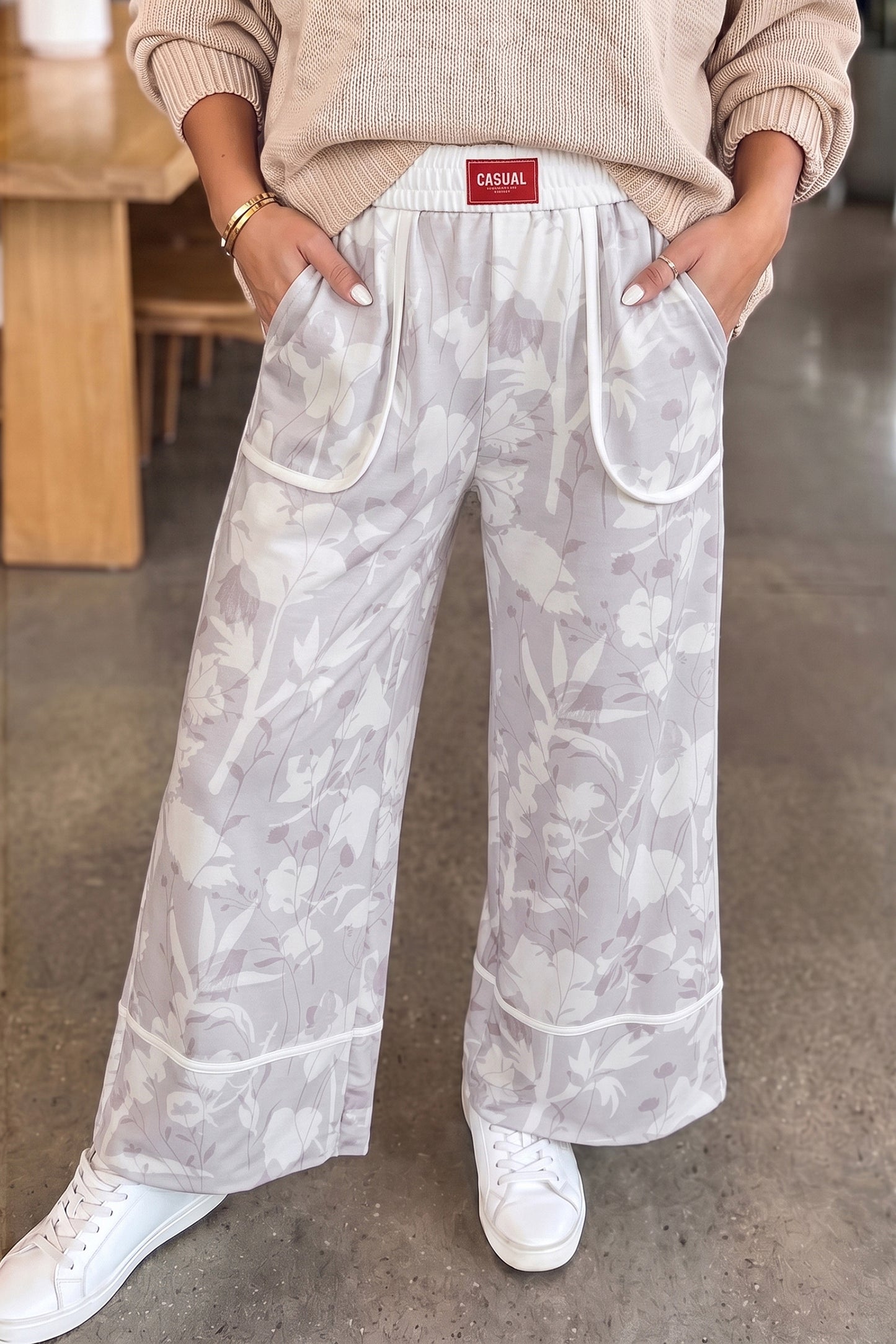Gray Floral Wide-Leg Pants