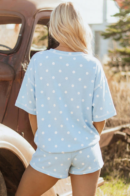 Pink Polka Dot Short-Sleeve Loose Top Drawstring Shorts Set