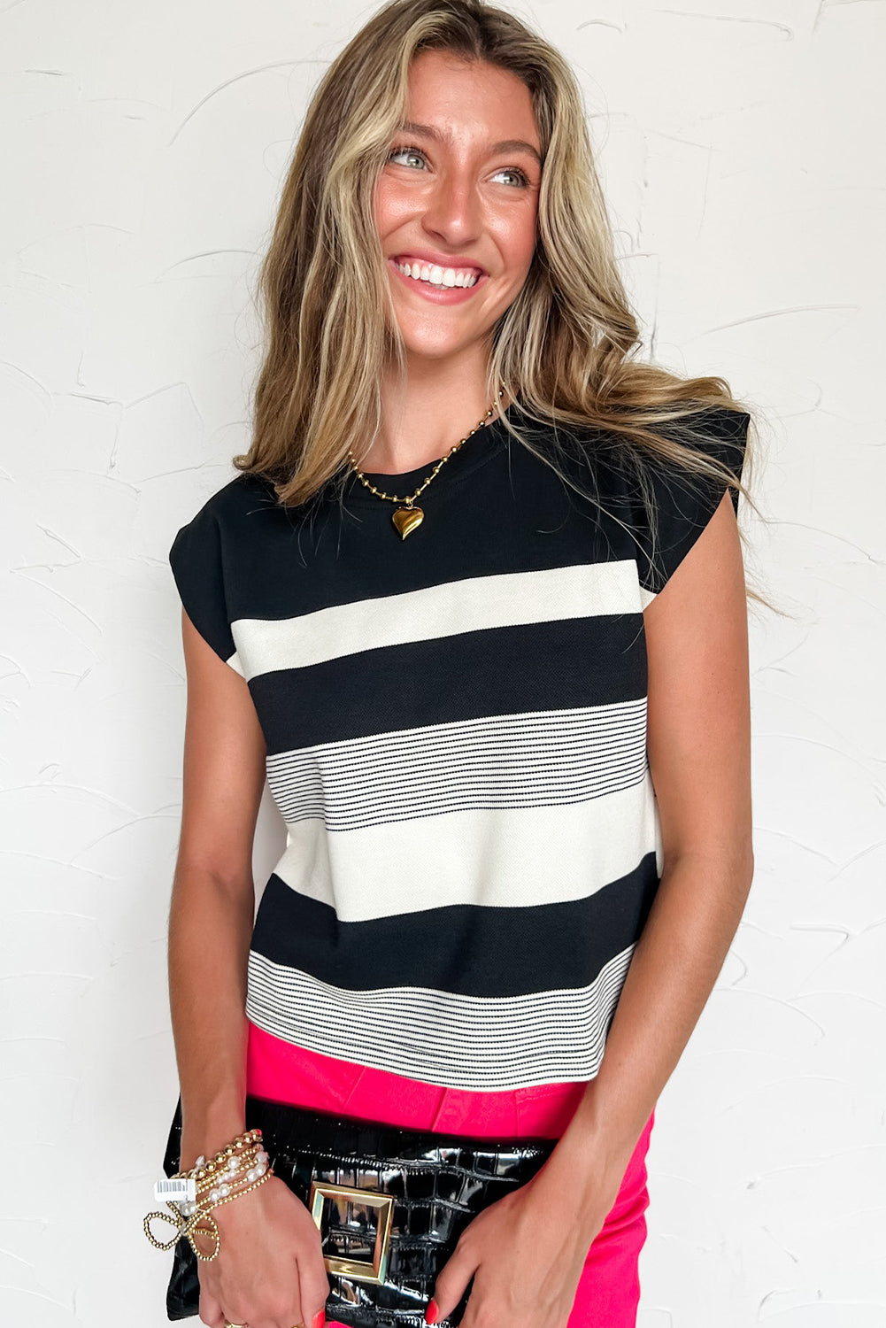 Black Mixed-Stripe Cap-Sleeve T-Shirt