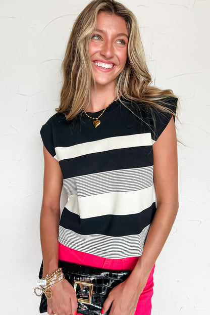 Black Mixed-Stripe Cap-Sleeve T-Shirt
