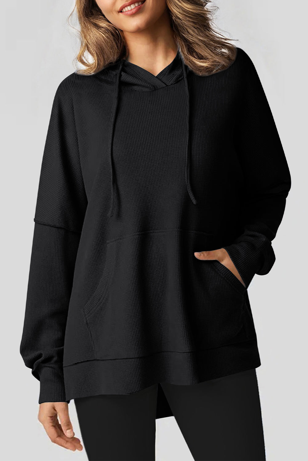 Black Waffle-Knit High-Low Oversized Hoodie
