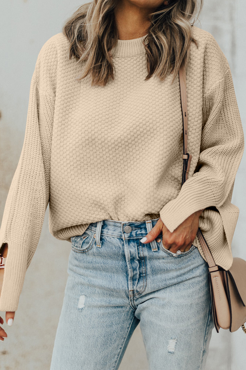 Parchment Split-Cuff Textured Knit Sweater