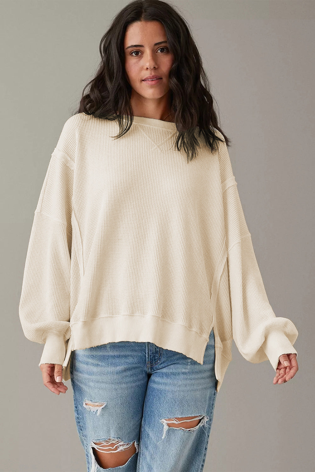 Gray Waffle-Knit Bishop-Sleeve Oversized Top