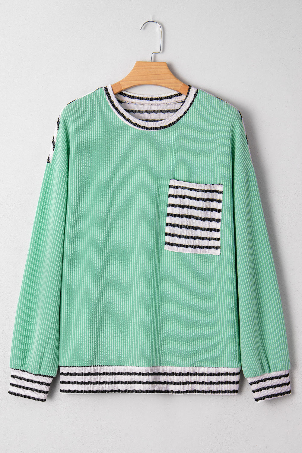 Sea Green Striped-Pocket Ribbed Top