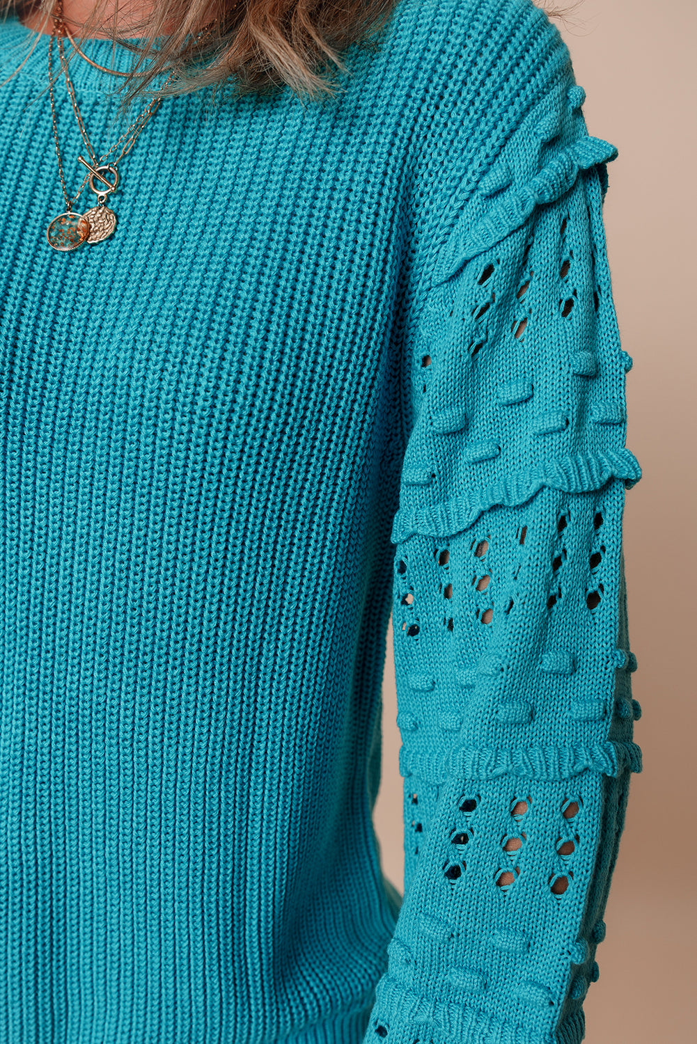 Turquoise Ruffle Eyelet Bubble-Sleeve Sweater