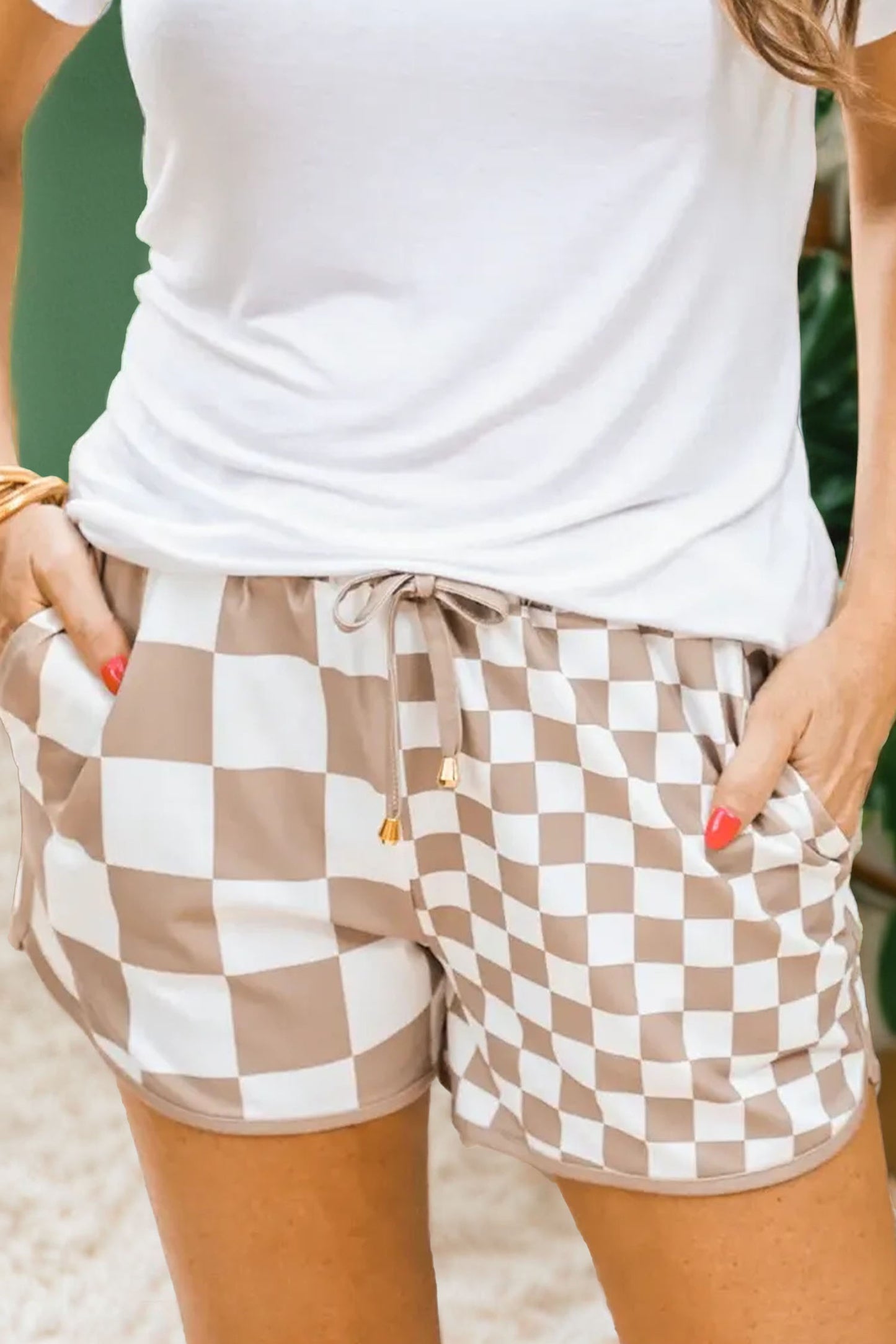 Khaki Checkerboard Drawstring Shorts