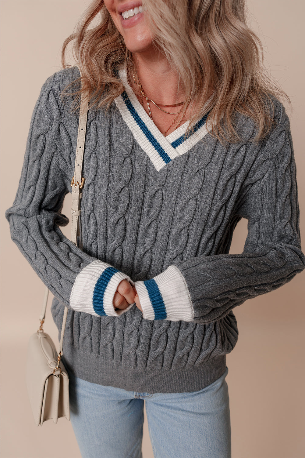 Medium Gray Contrast-Trim Cable-Knit V-Neck Sweater