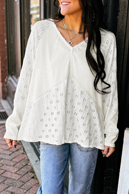 White Embroidered Patchwork V-Neck Top