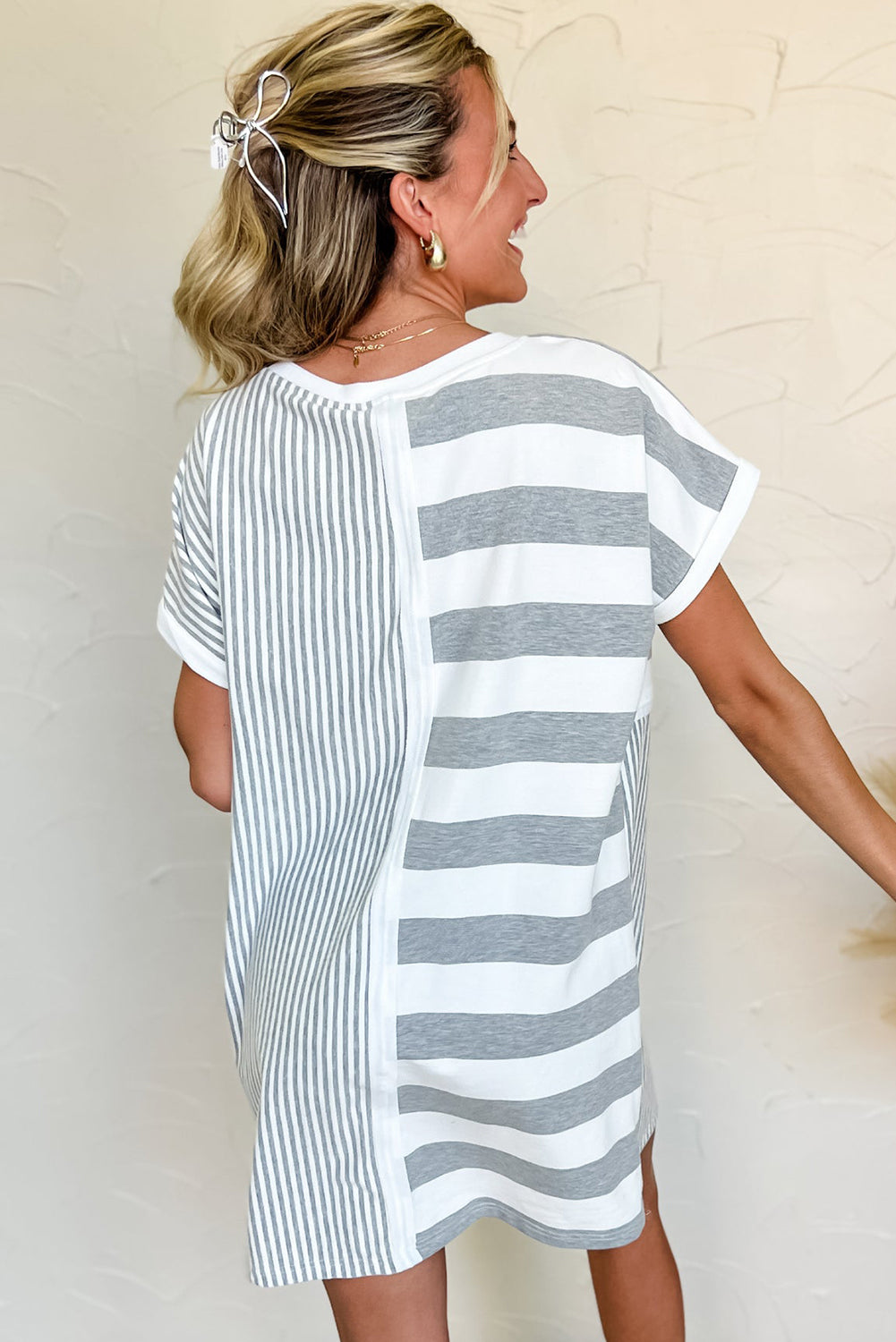 Gray Mixed-Stripe T-Shirt Shift Dress