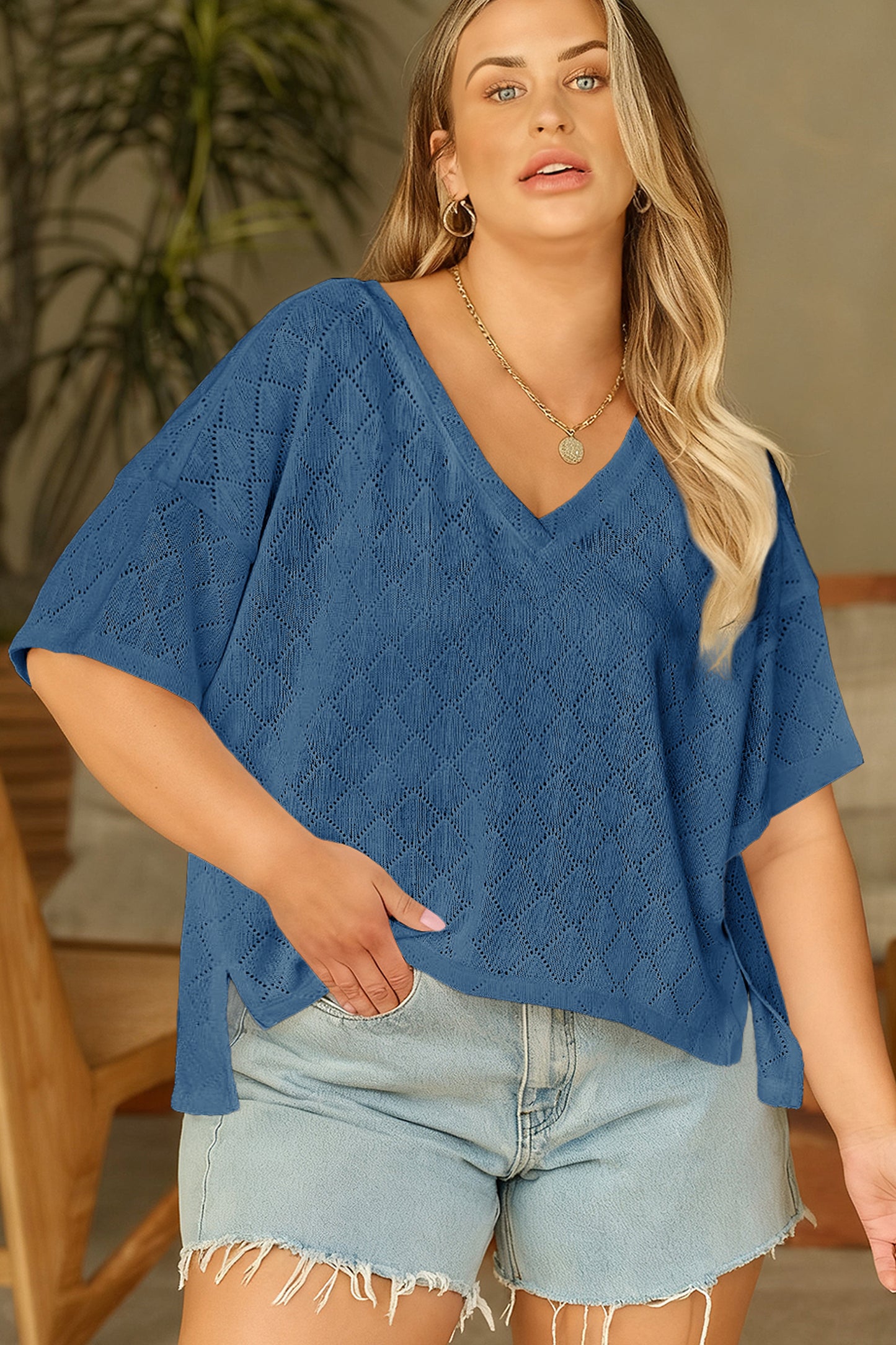Golden Fleece Pointelle V-Neck Knit Top