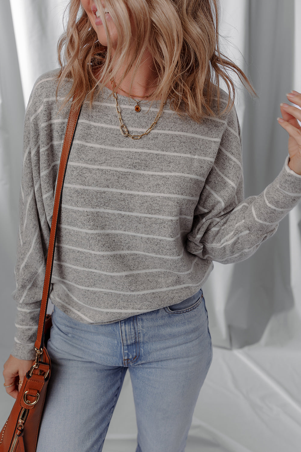 Gray Stripe Dolman-Sleeve Knit Top