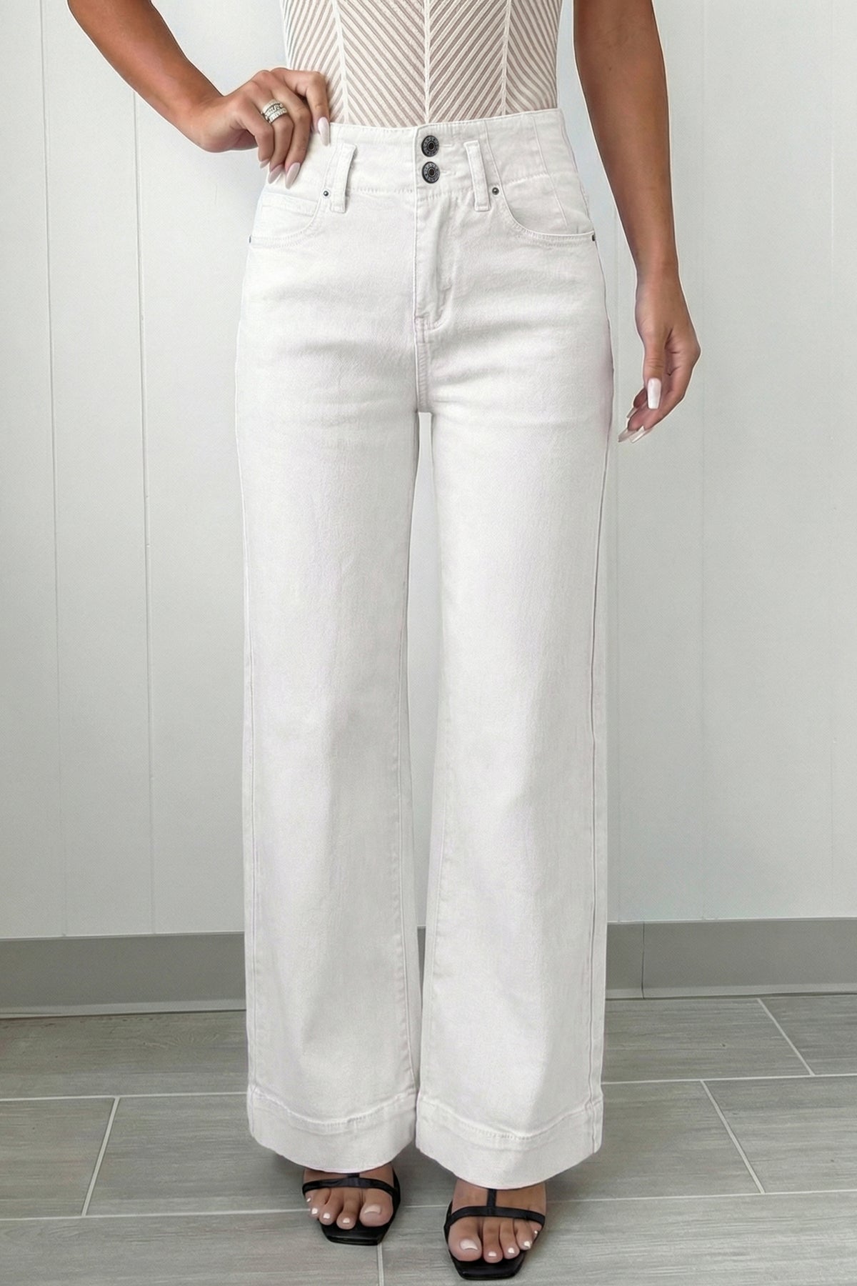 White 2-Button High-Waist Wide-Leg Jeans