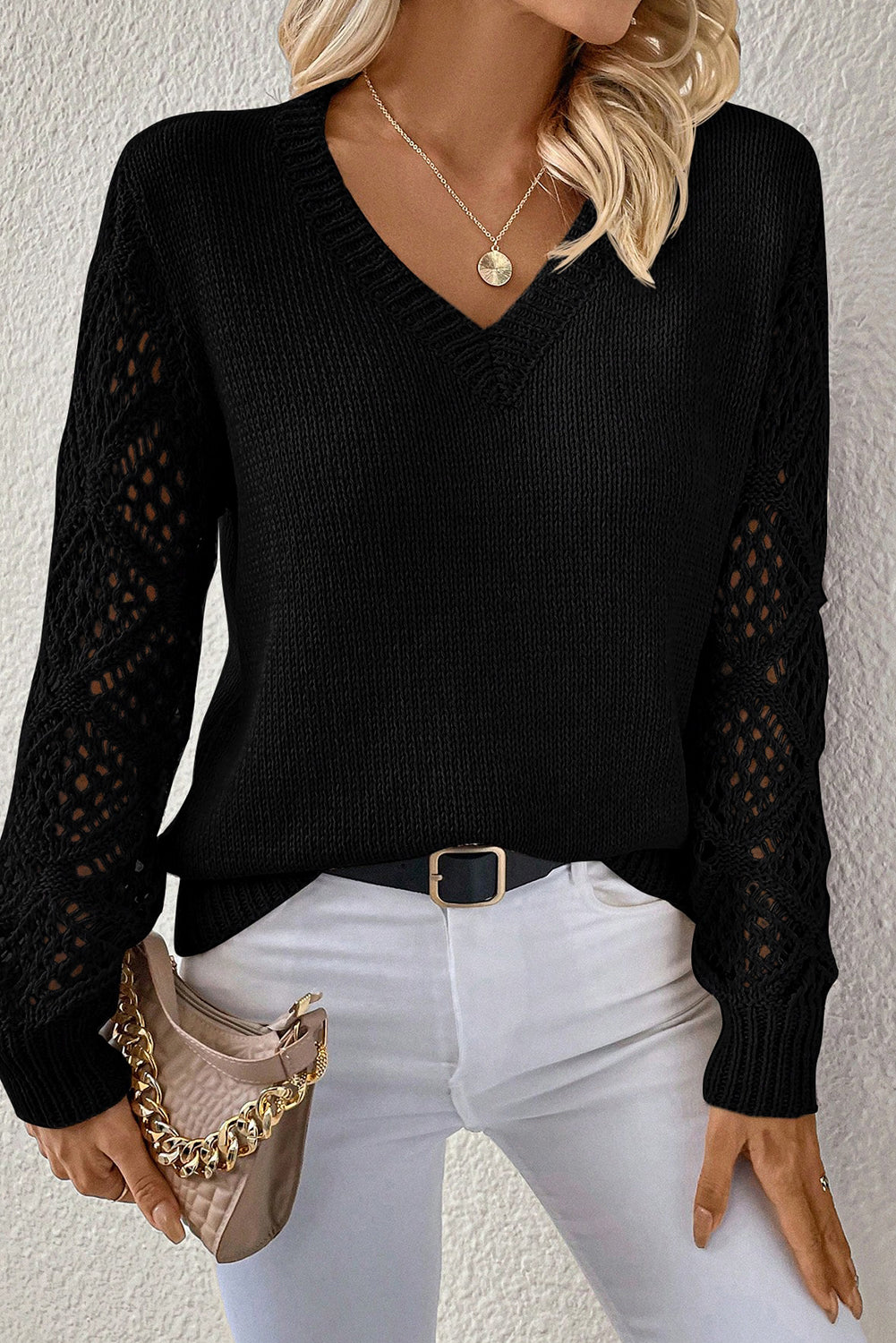 Black Pointelle-Sleeve V-Neck Sweater